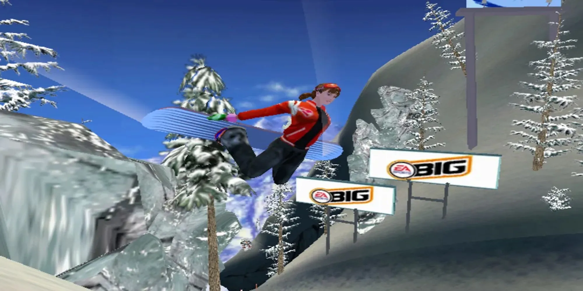 Một vận động viên trượt tuyết thực hiện kỹ thuật phức tạp trên không trong game SSX Tricky