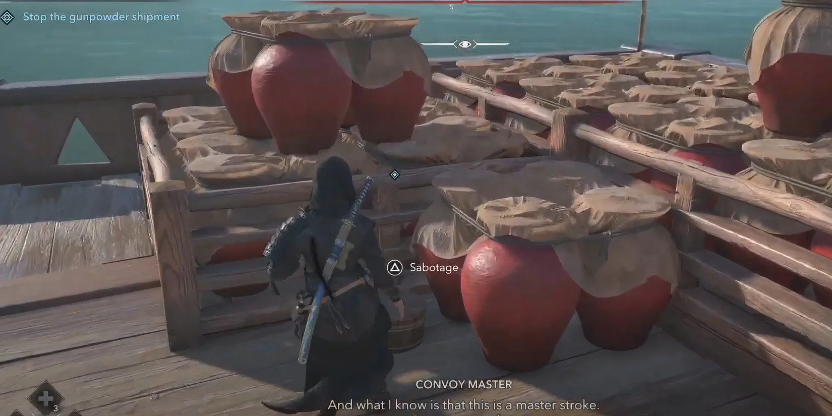 Naoe đặt bom Horokubiya vào các thùng thuốc súng trên mũi tàu trong Assassin's Creed Shadows