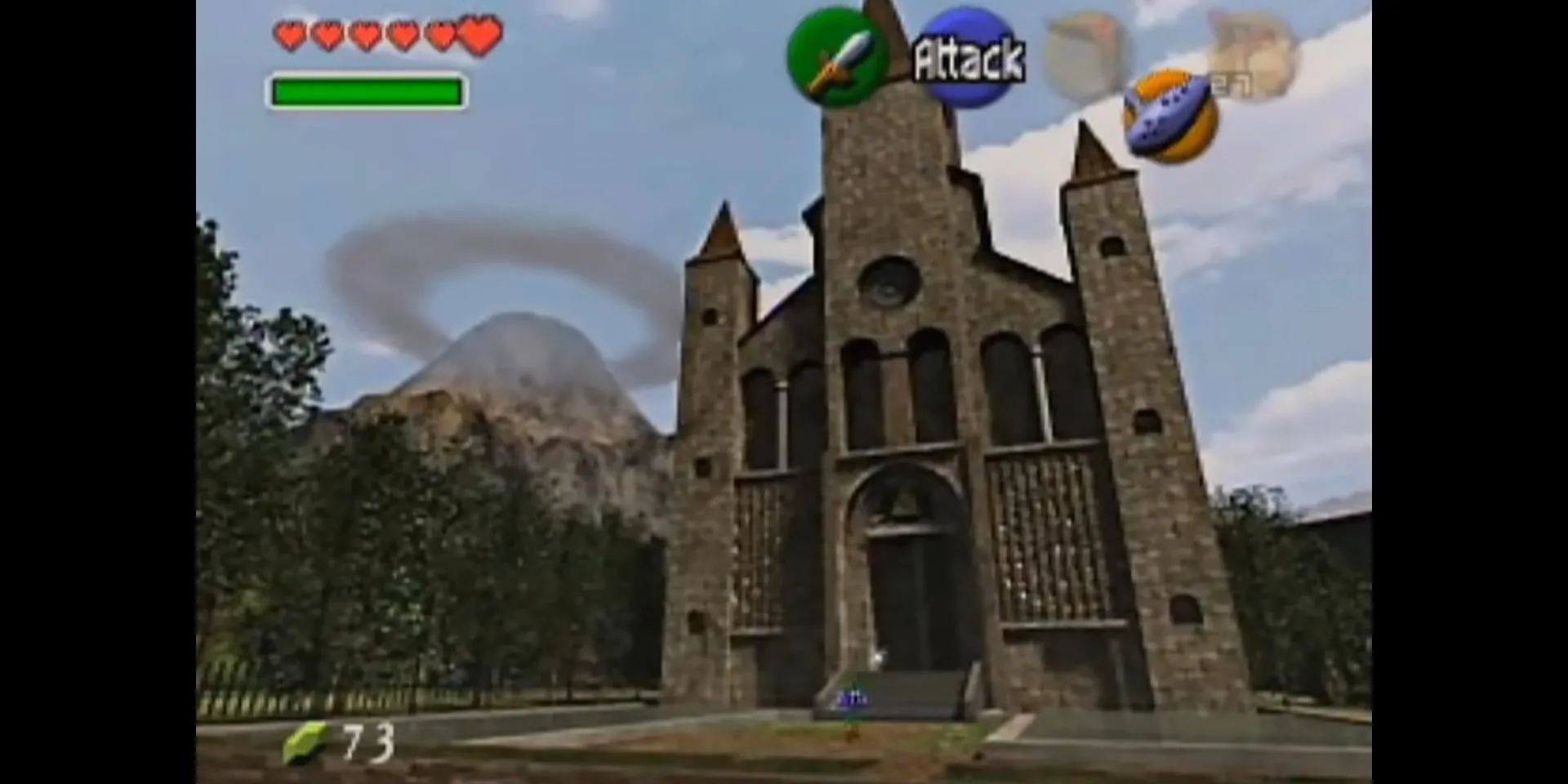 Ngoại cảnh đền thờ thời gian trong The Legend of Zelda Ocarina of Time với núi Tử Thần phía sau