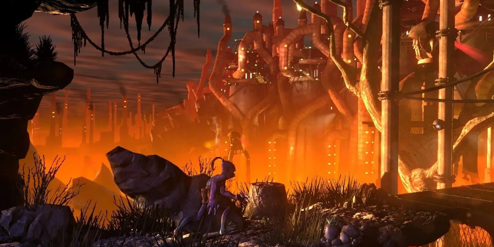 Ngoại cảnh nhà máy Rupture Farms u ám trong Oddworld New 'n' Tasty