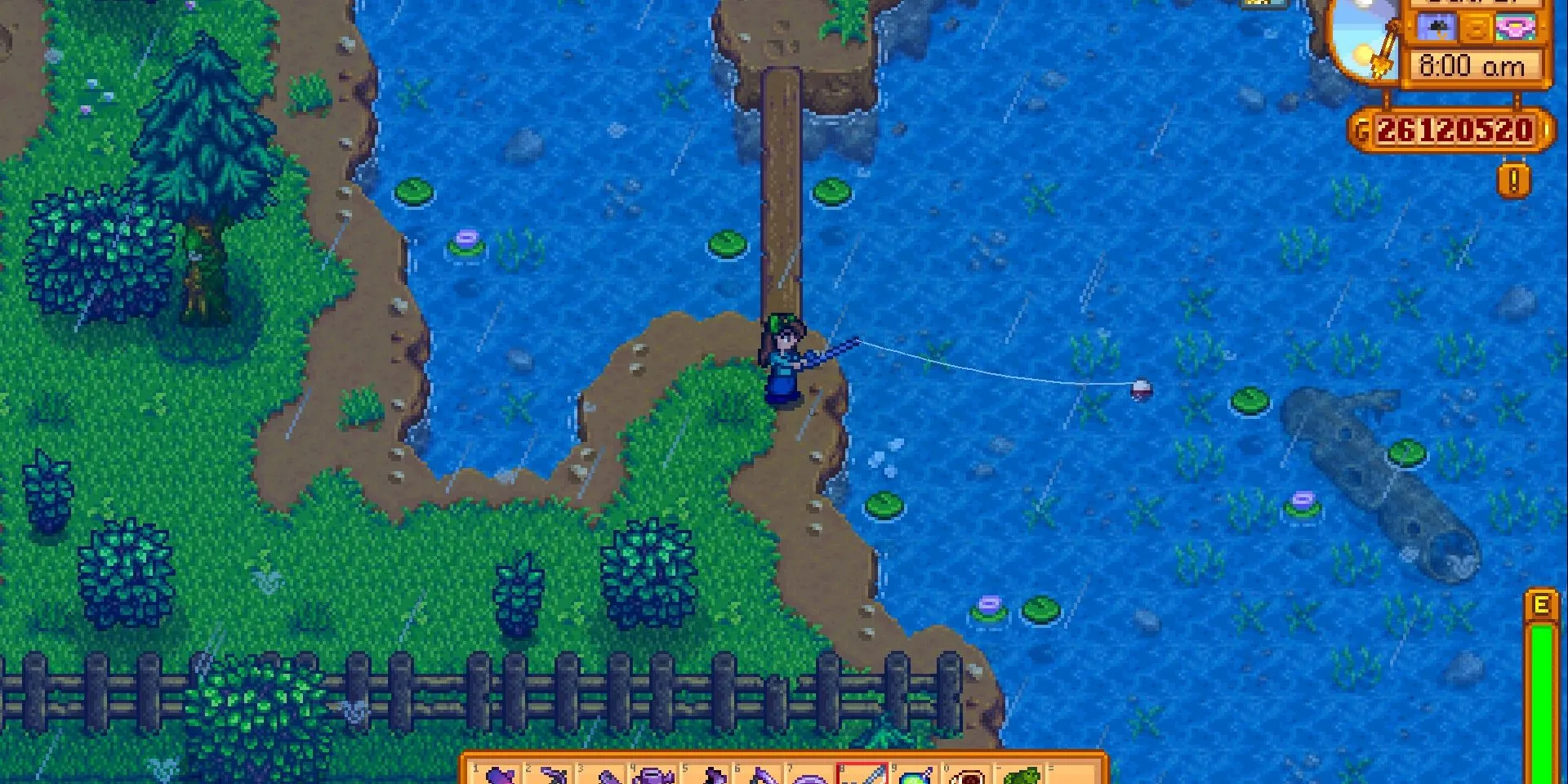 Người chơi câu cá trong hồ Stardew Valley, có thể là cá huyền thoại