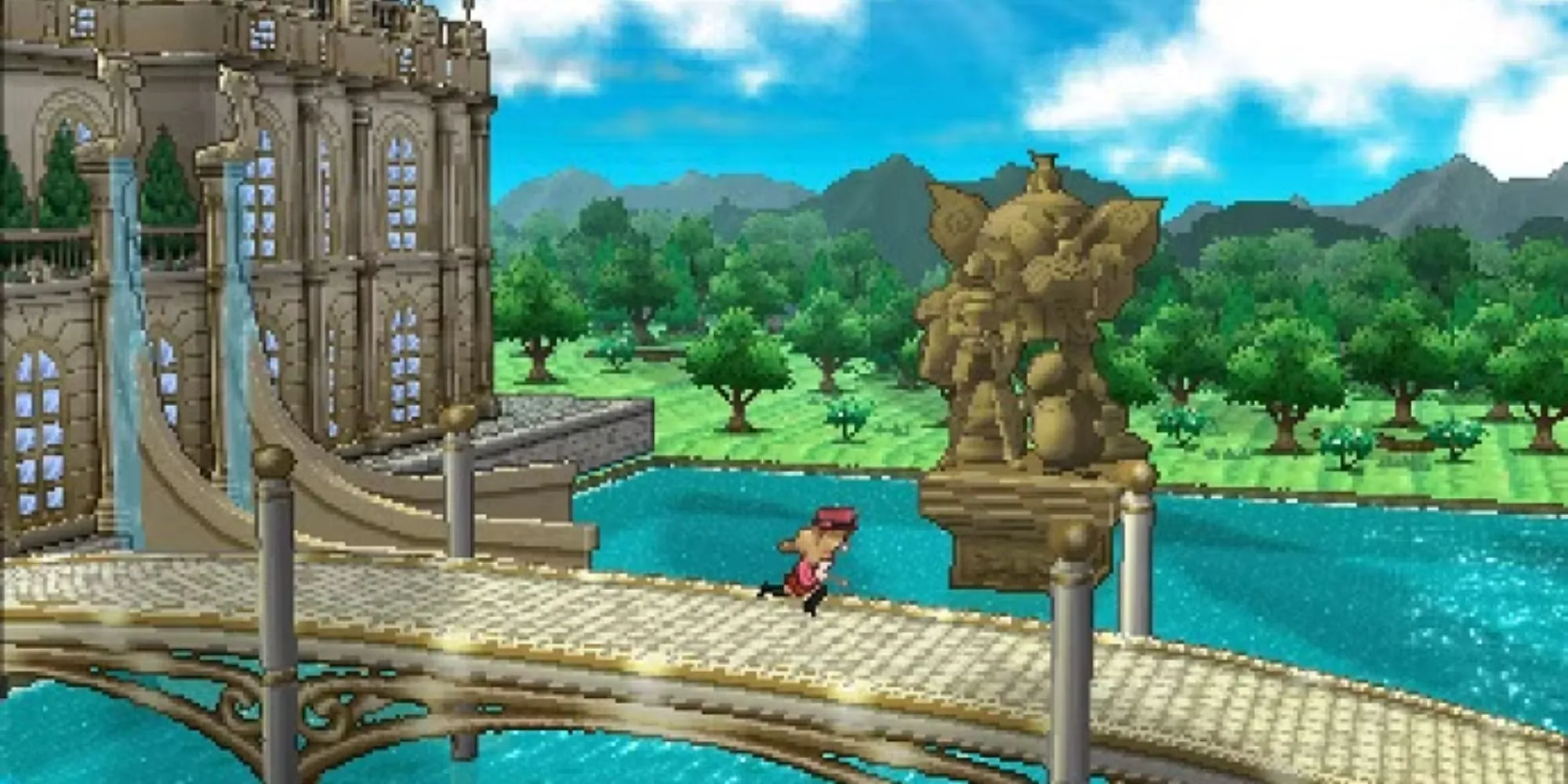 Người chơi chạy qua cây cầu tại vùng Kalos trong Pokemon X Y