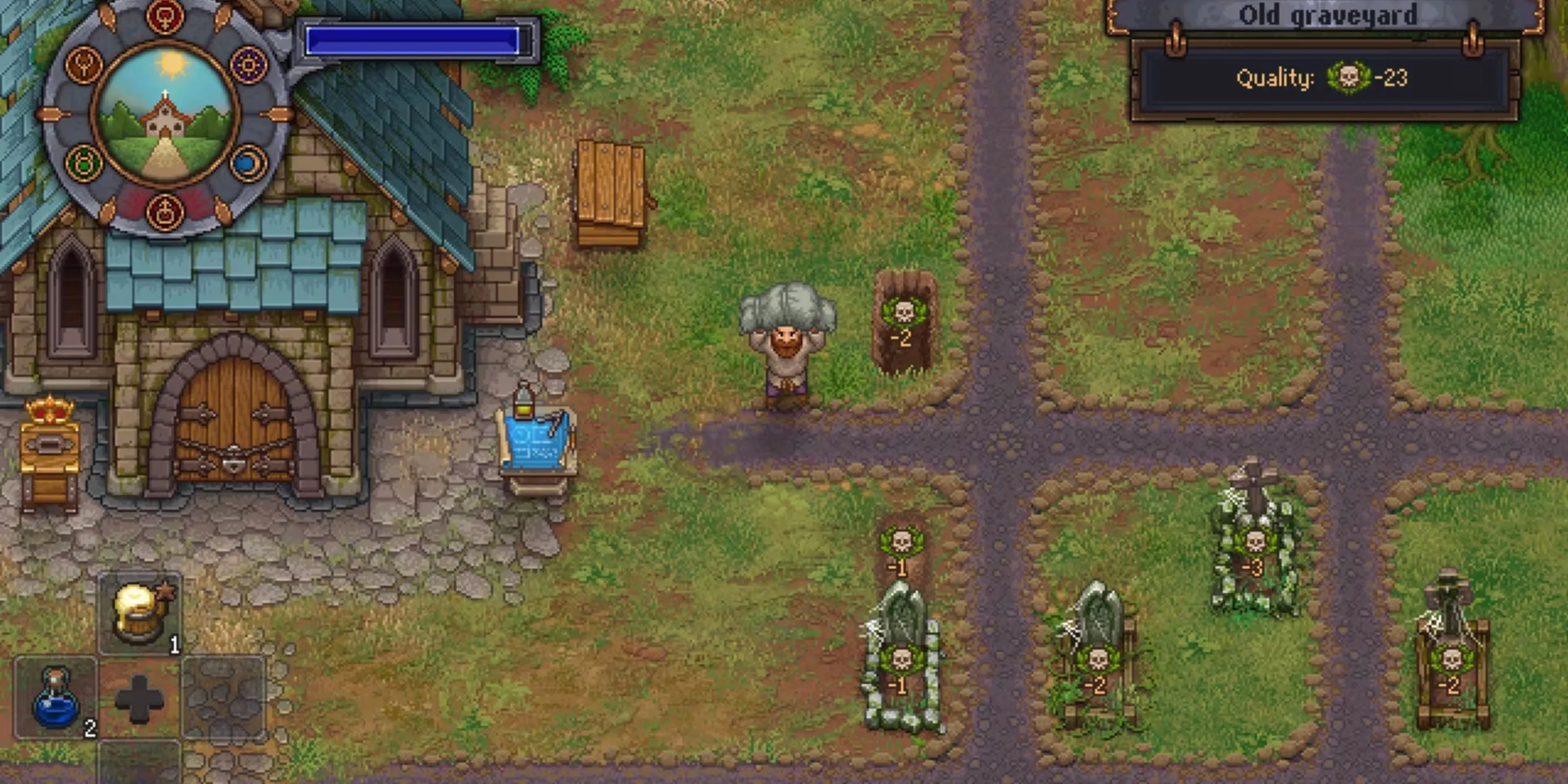 Người chơi đang quản lý khu mộ và nhà thờ trong Graveyard Keeper