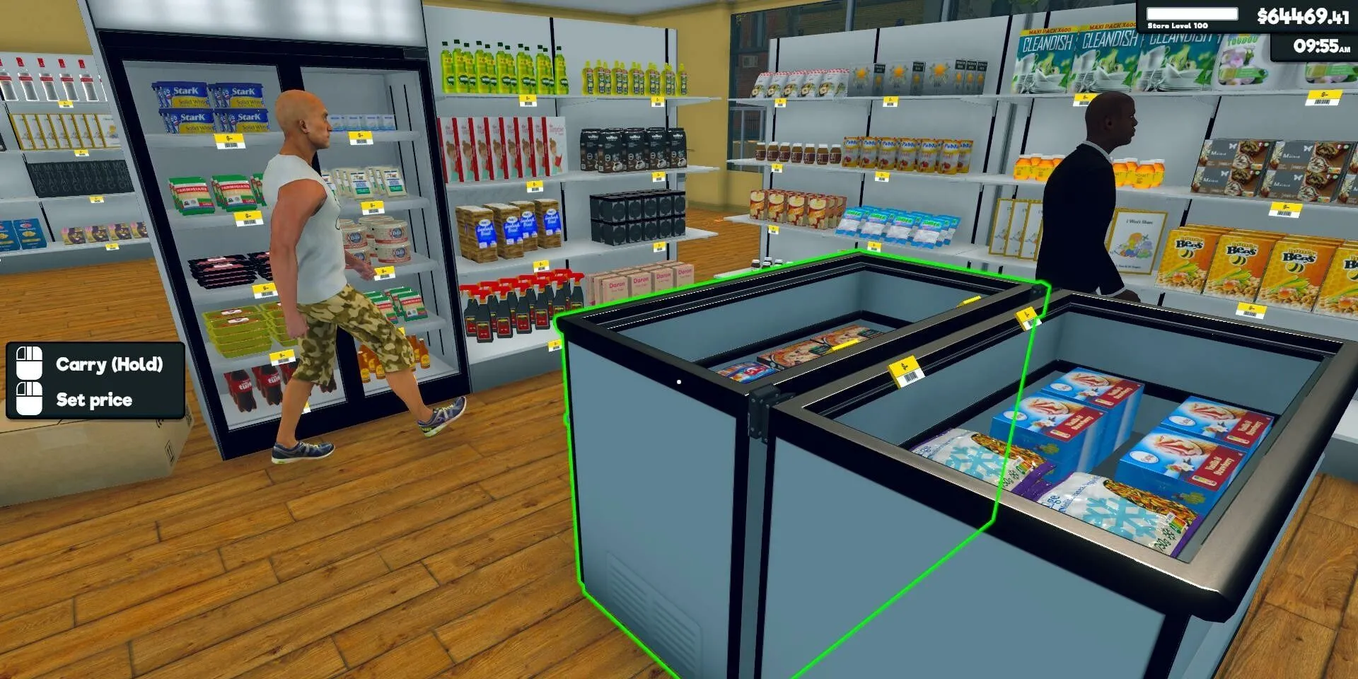 Người chơi đang sắp xếp các tủ mát trong game Supermarket Simulator