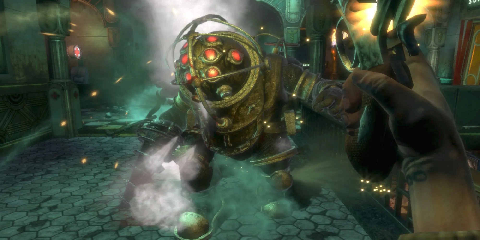Người chơi đối đầu với Big Daddy trong thế giới dưới nước của BioShock