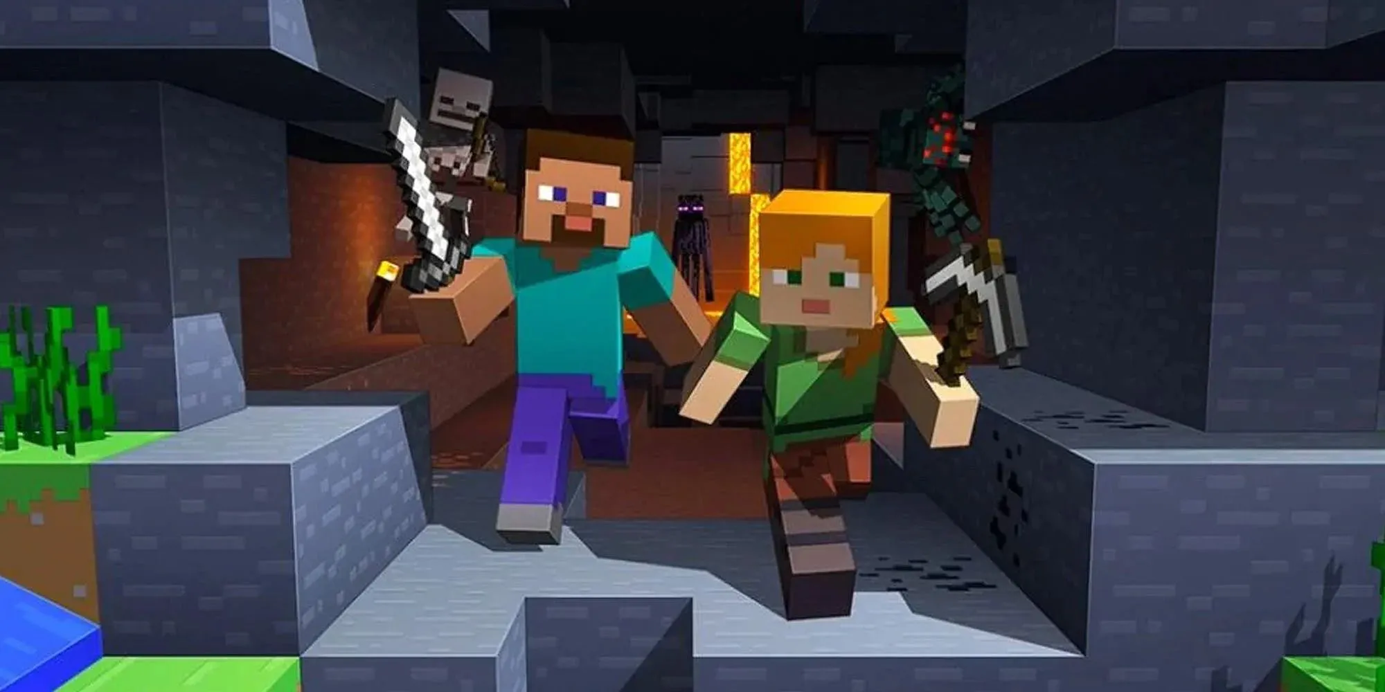 Người chơi Minecraft chạy khỏi hang động bị quái vật truy đuổi
