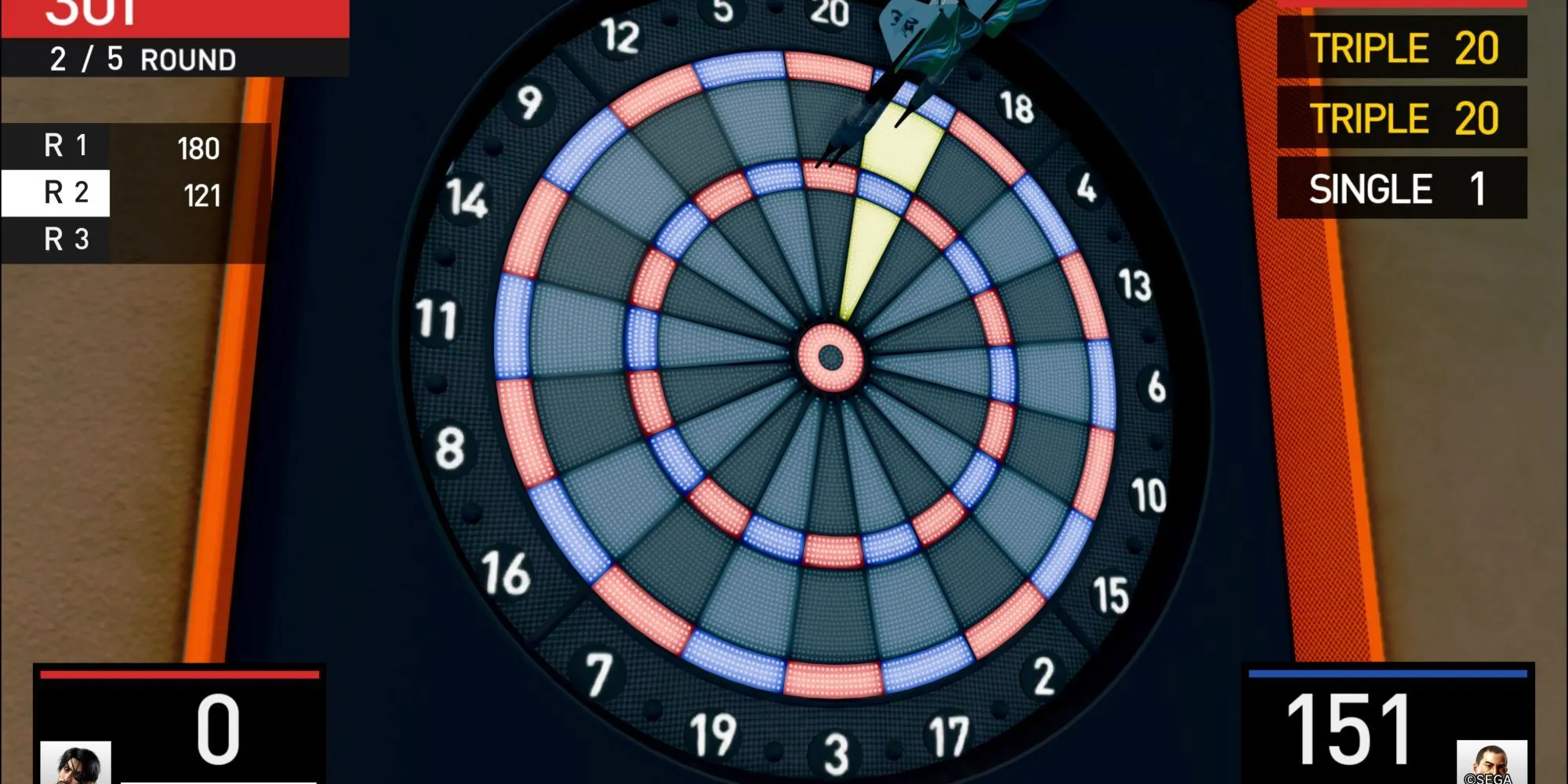 Người chơi nhắm vào ô triple 20 trên bảng Darts trong Pirate Yakuza Hawaii