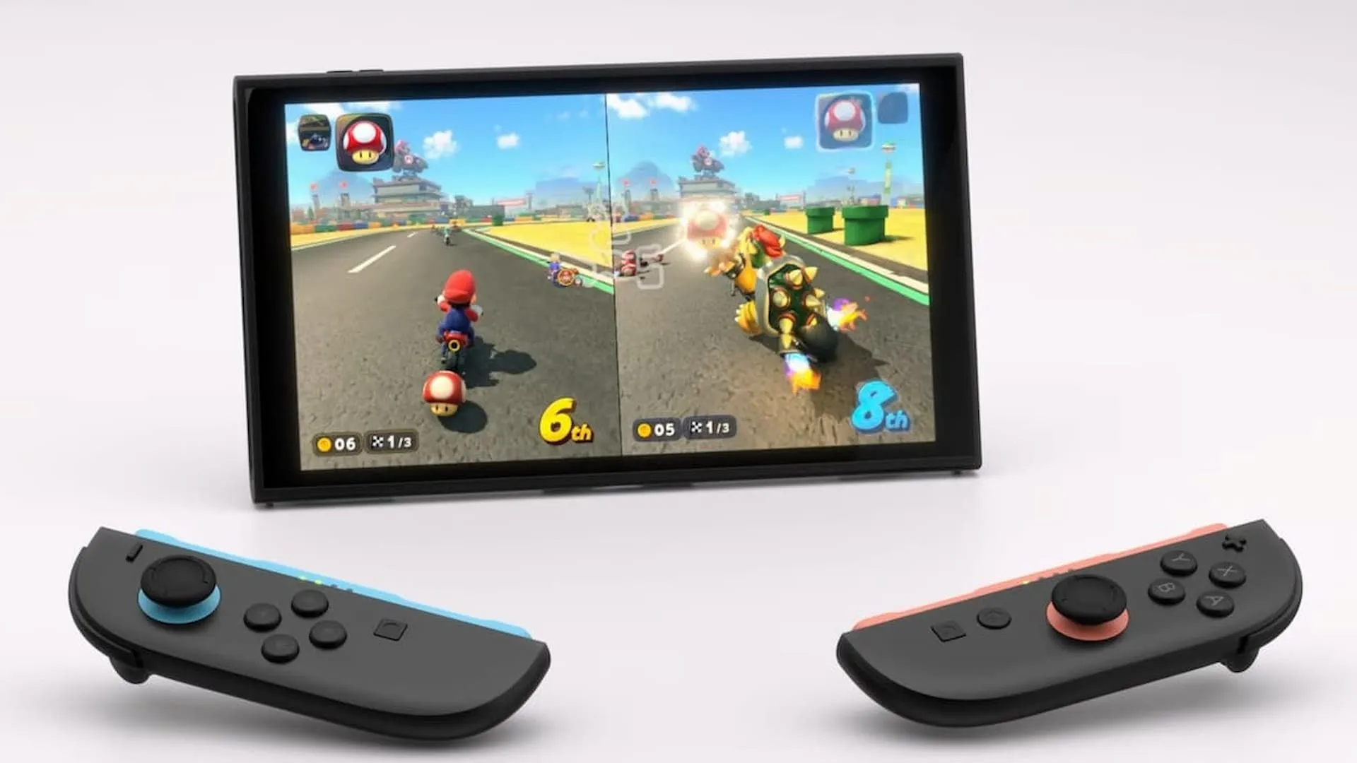 Người chơi sử dụng Joy-Con kép chơi Mario Kart trên Nintendo Switch 2 - minh họa hệ máy mới