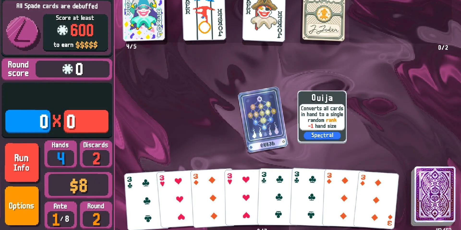 Người chơi sử dụng lá bài Ouija trong game Balatro
