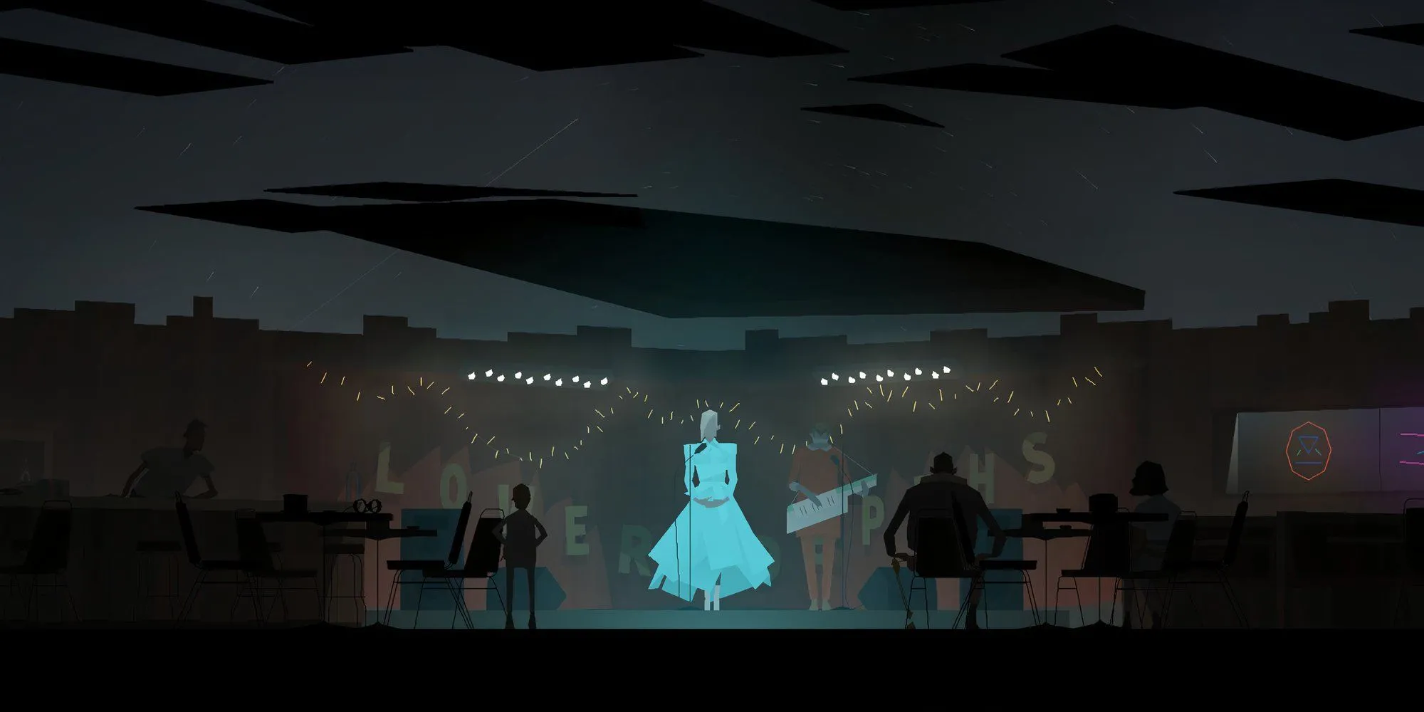 Người phụ nữ hát trên sân khấu với khán giả trong Kentucky Route Zero