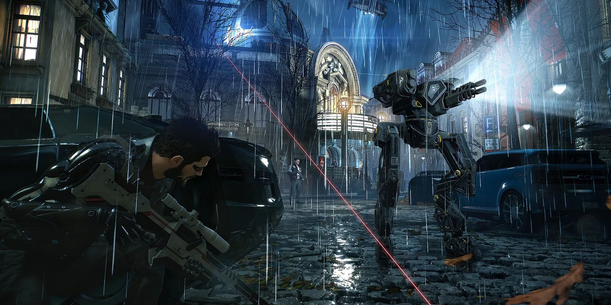 Nhân vật Adam Jensen ẩn nấp sau vật cản, tránh robot tuần tra trong Deus Ex: Mankind Divided