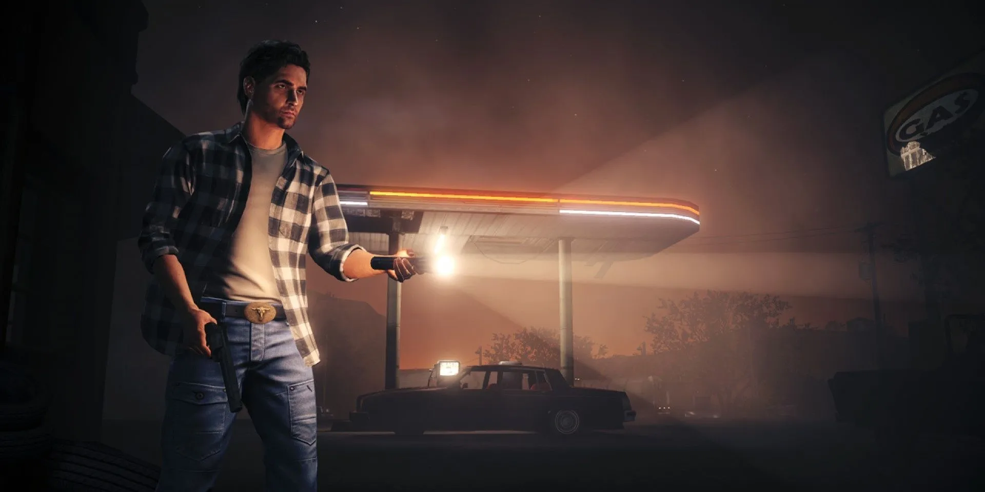 Nhân vật Alan Wake cầm đèn pin soi rọi trong bóng tối của Alan Wake