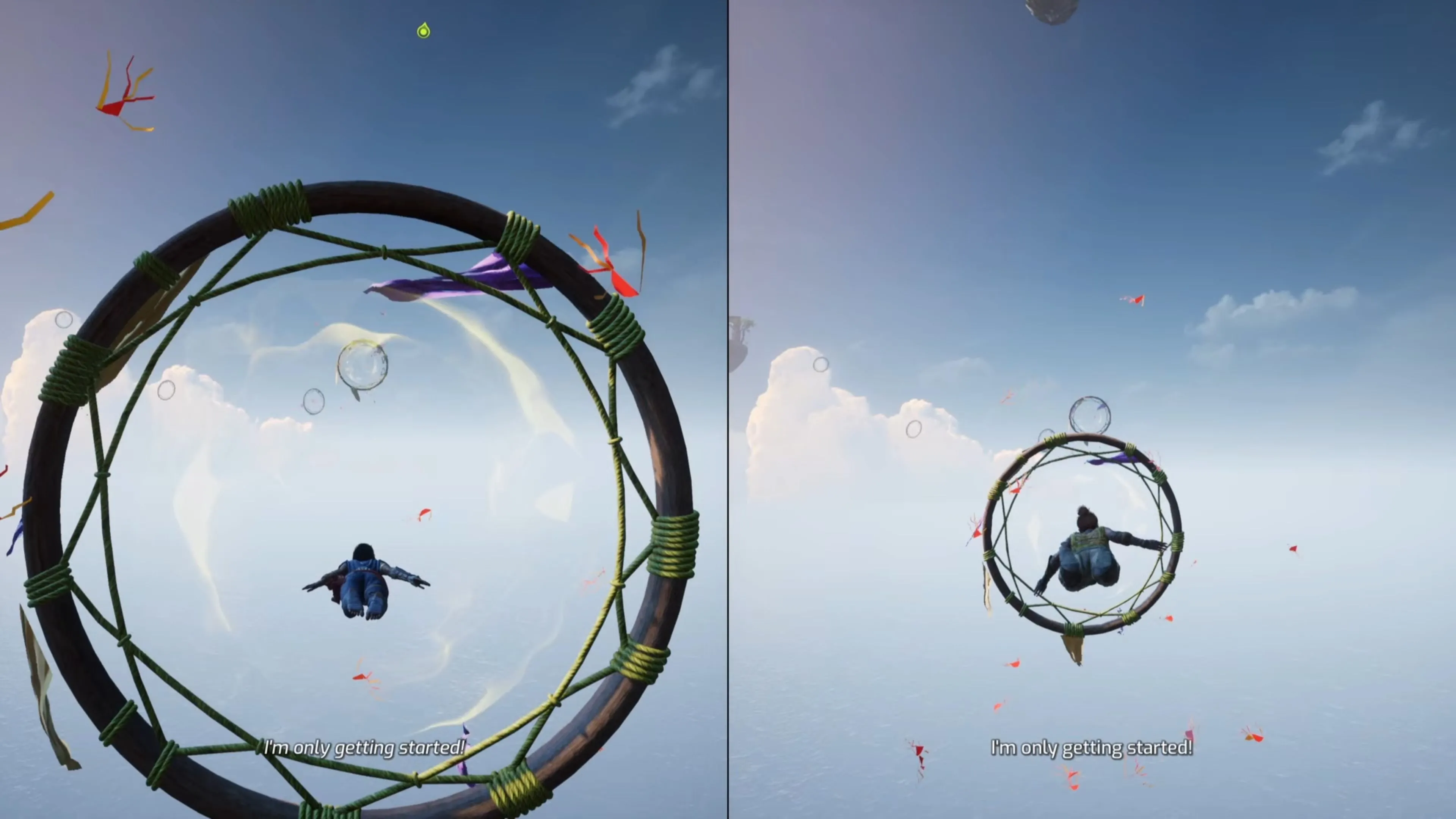 Nhân vật bay qua các vòng dream catcher trong Split Fiction Kites