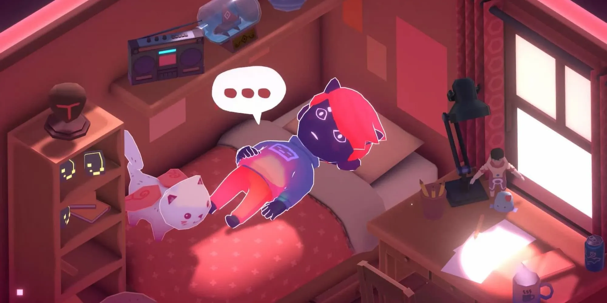 Nhân vật chibi nhỏ nhắn ngồi cạnh mèo trong game Kind Words