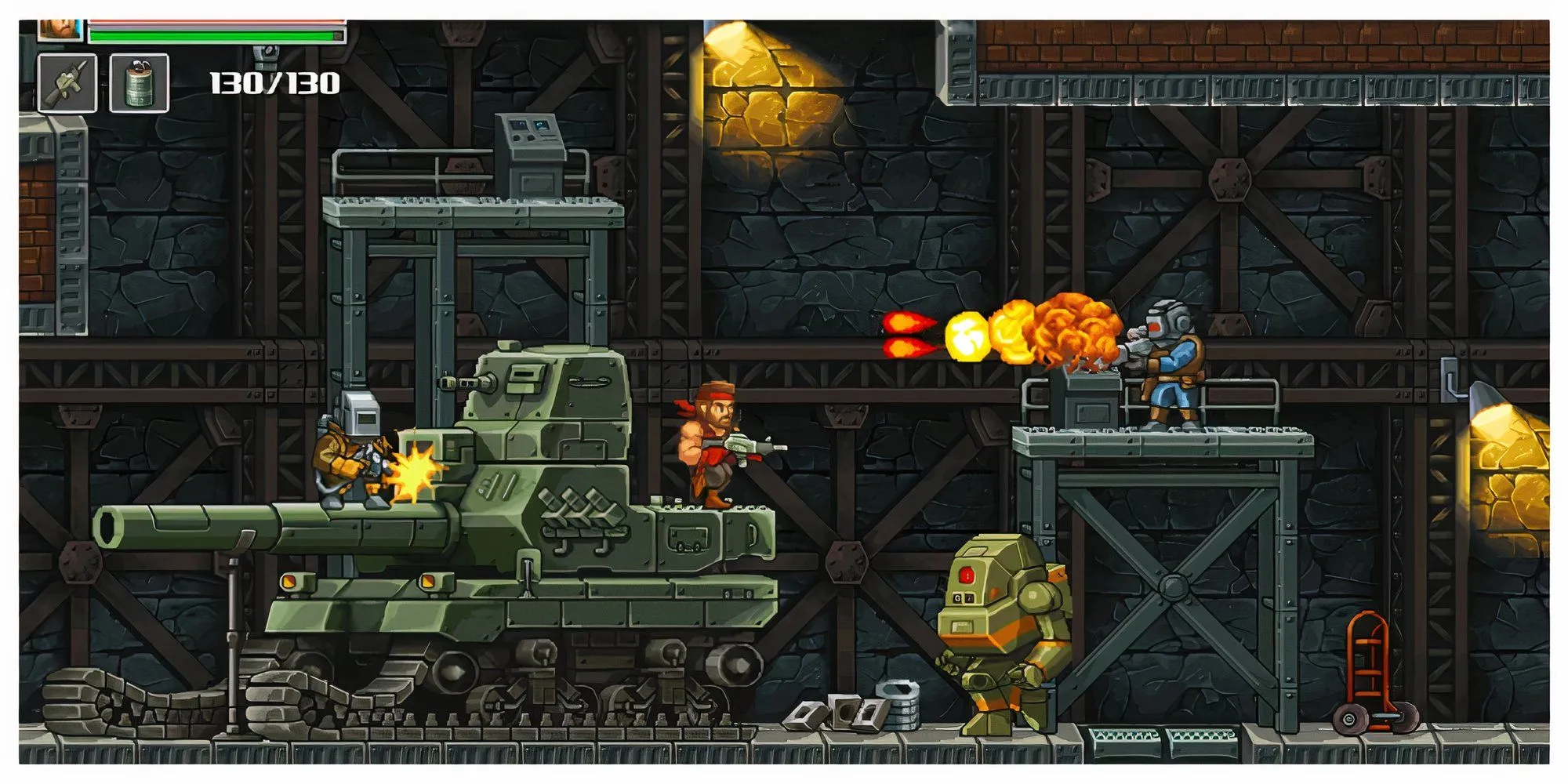 Nhân vật chính của Guns of Fury đứng giữa làn đạn trong một khung cảnh công nghiệp