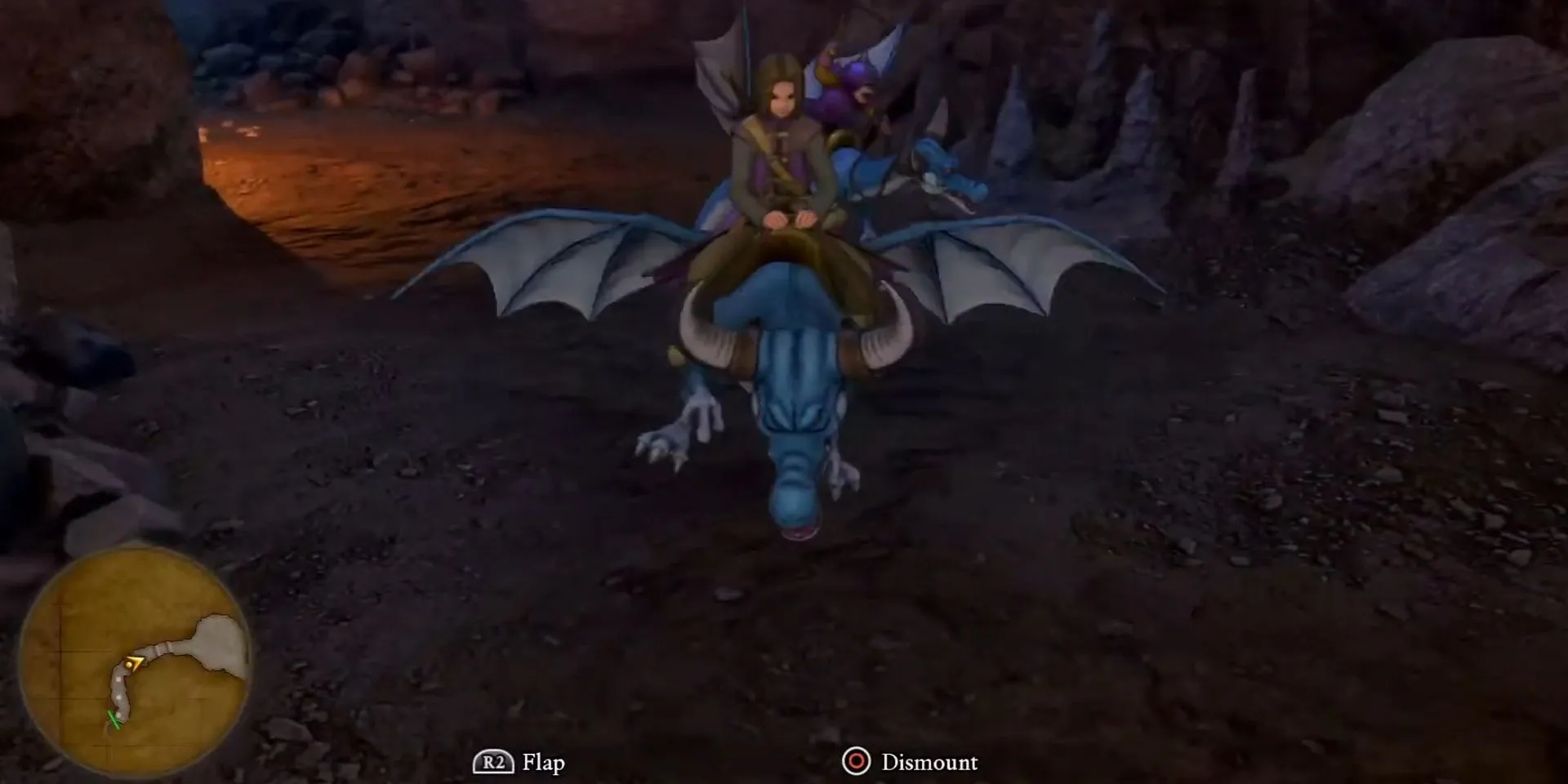 Nhân vật chính cưỡi một con quái vật rồng trong Dragon Quest XI