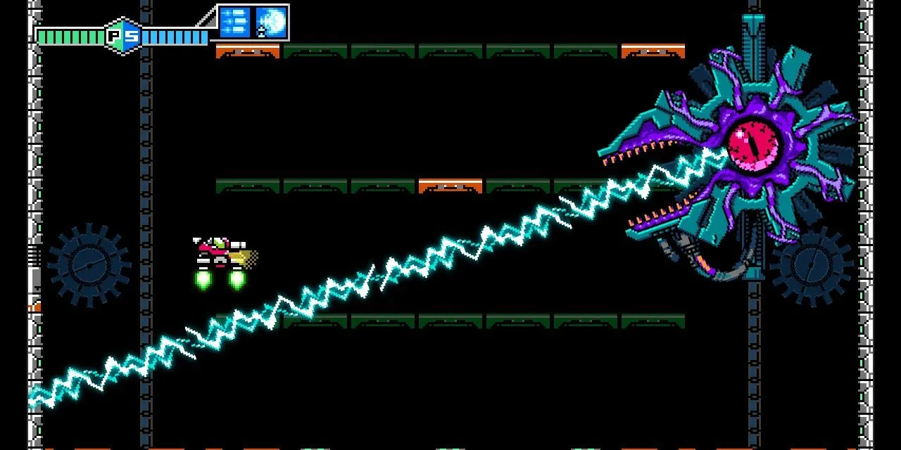 Nhân vật chính lái xe tăng chiến đấu với trùm Central Gear trong Blaster Master Zero