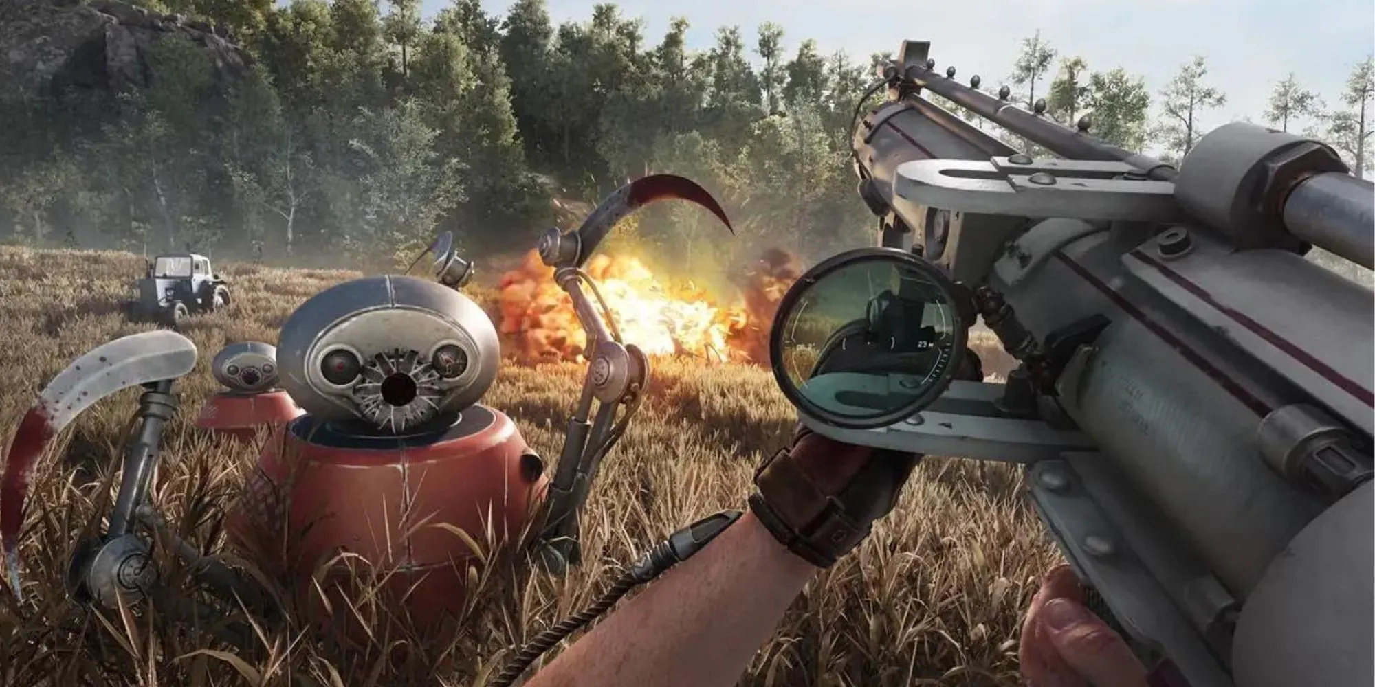 Nhân vật chính P-3 chiến đấu với robot nông nghiệp trong game Atomic Heart