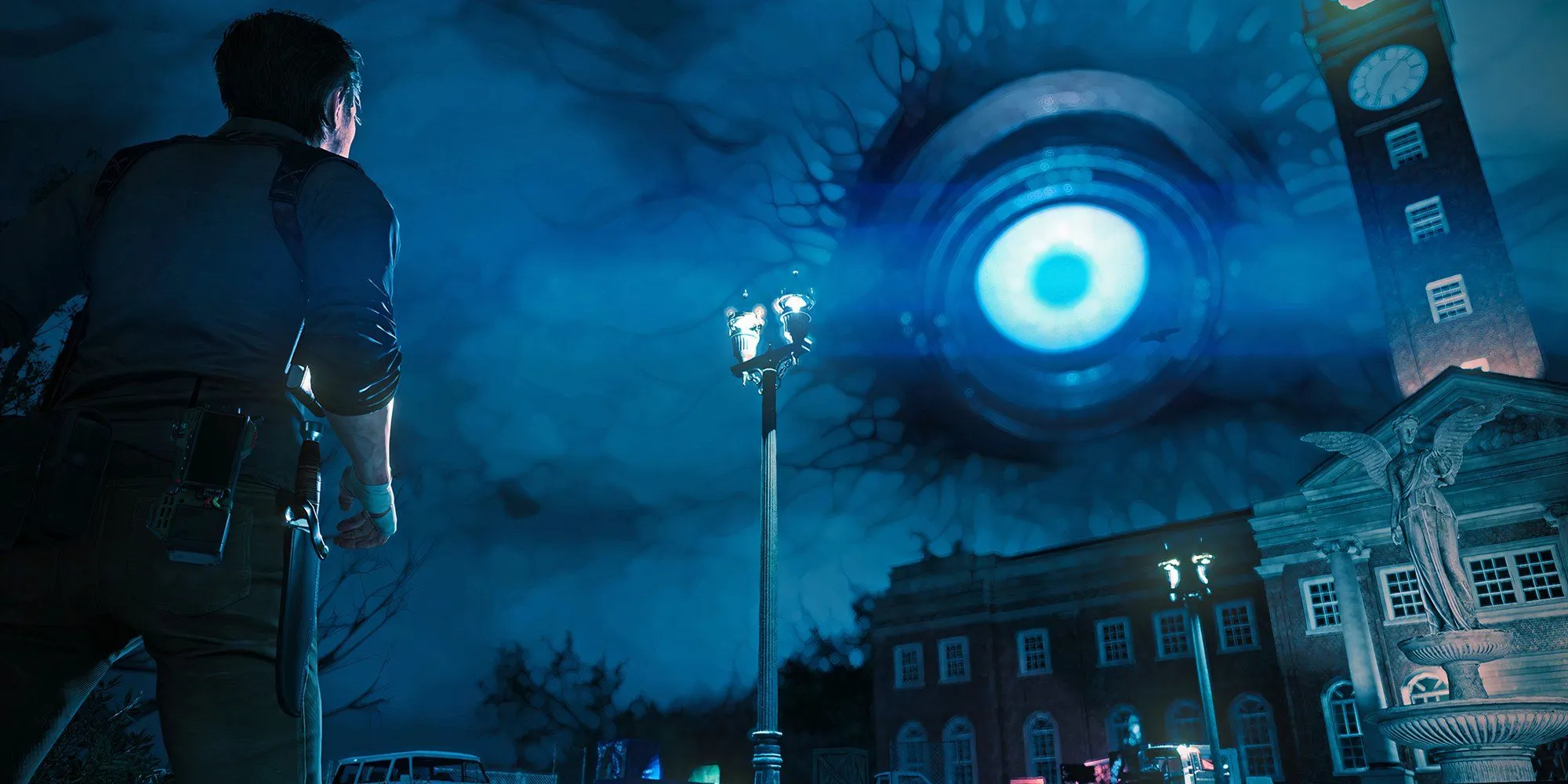 Nhân vật chính The Evil Within 2 nhìn lên con mắt trên bầu trời