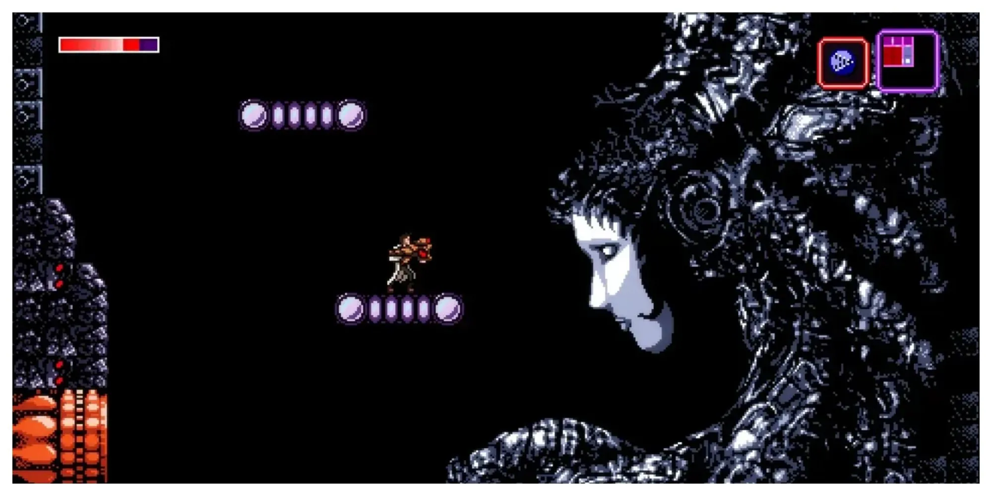 Nhân vật chính trong Axiom Verge sử dụng vũ khí công nghệ cao chống lại kẻ thù cơ khí, đồ họa pixel art khoa học viễn tưởng