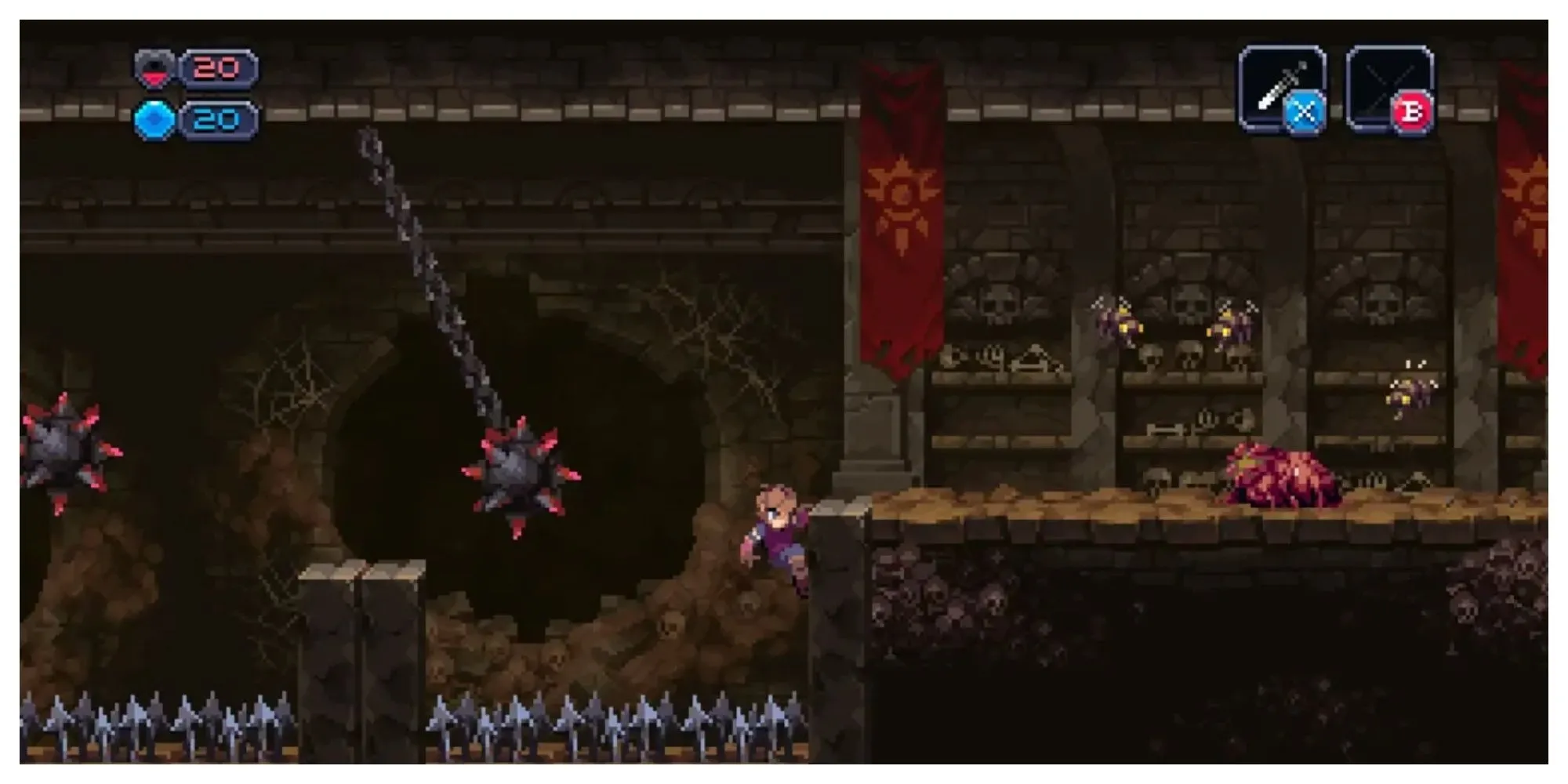 Nhân vật chính trong Chasm đứng trước một hầm ngục tối tăm, thể hiện đồ họa pixel art chi tiết của game