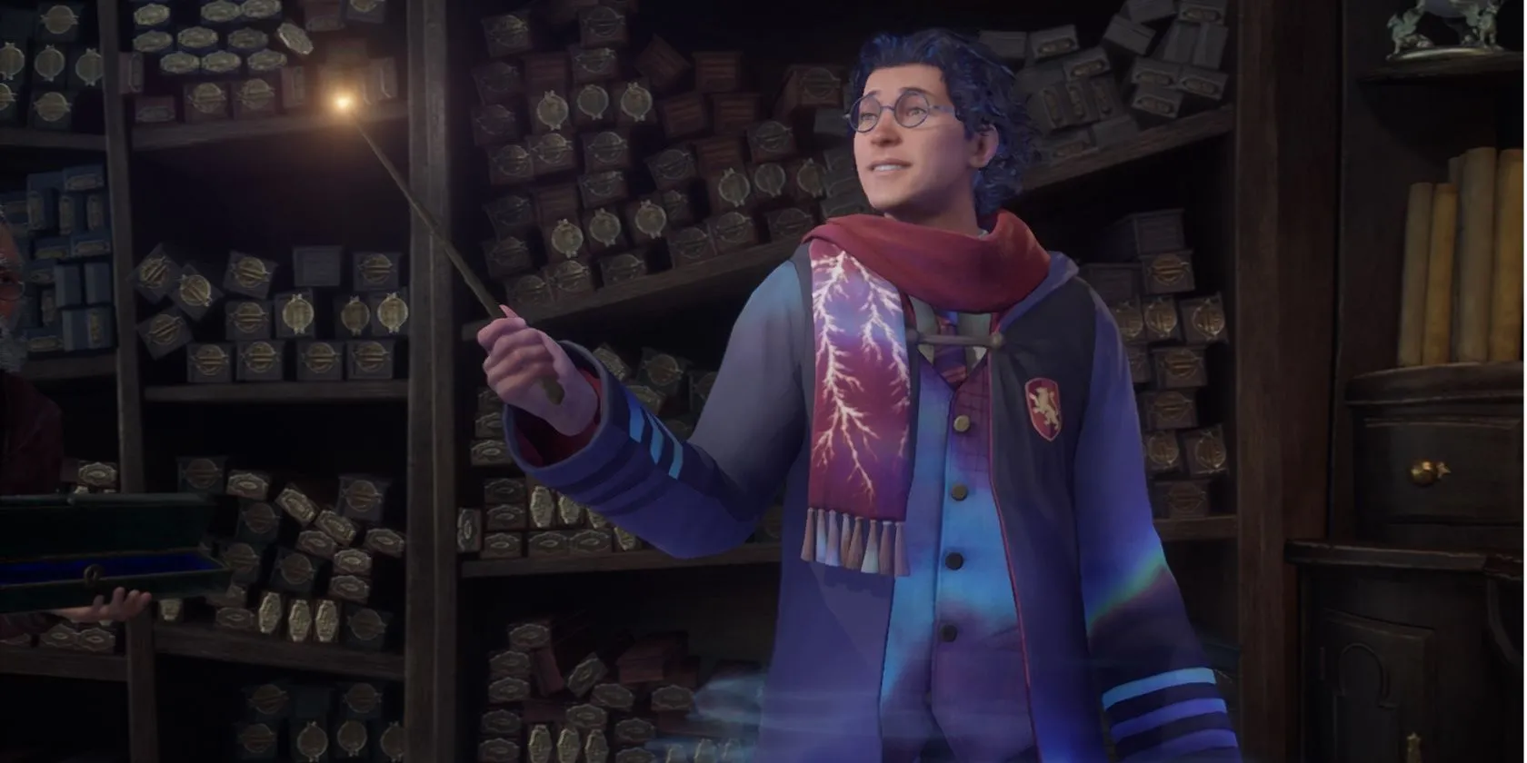 Nhân vật chính trong Hogwarts Legacy đang chọn hoặc tùy chỉnh đũa phép mới