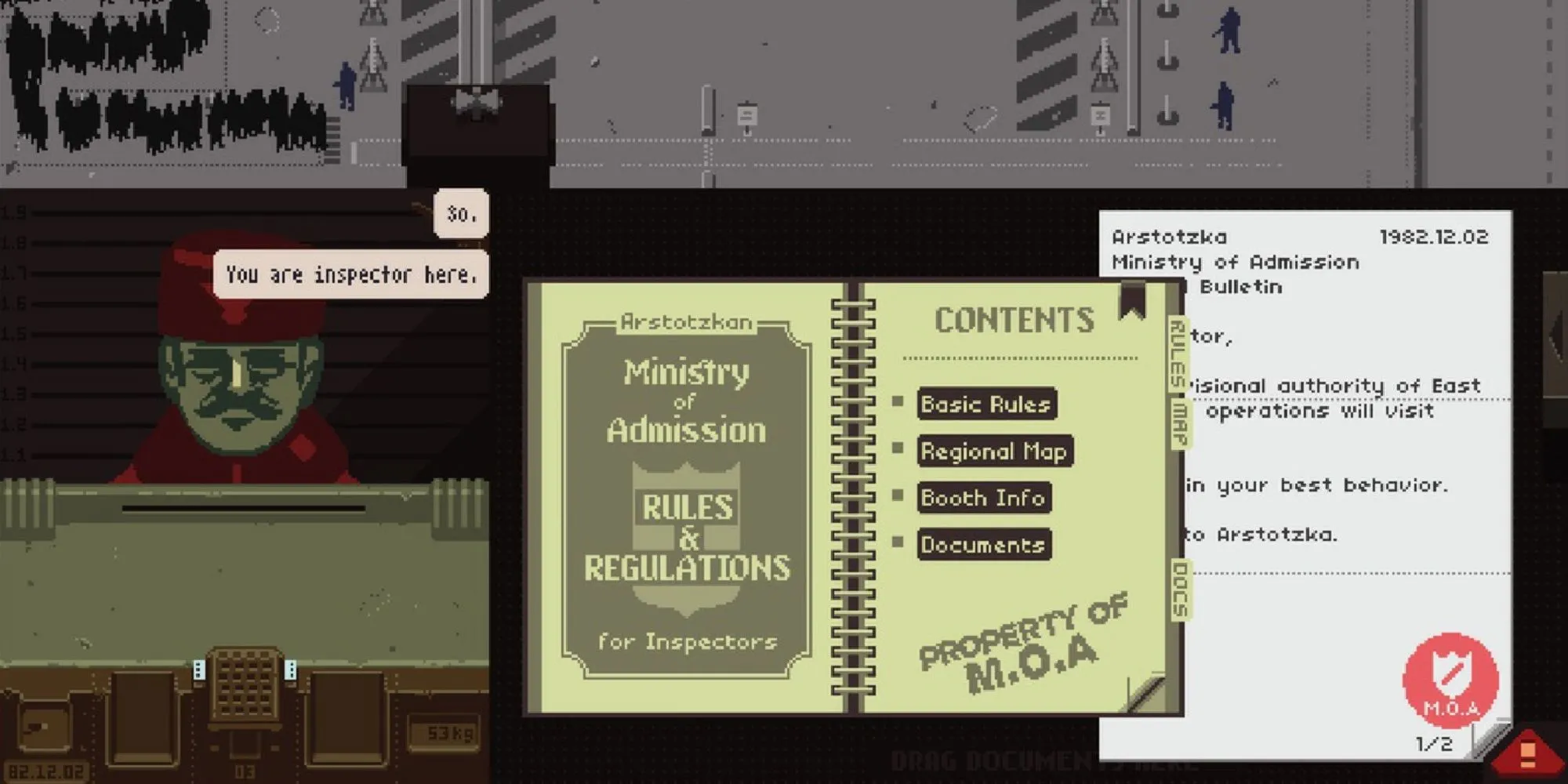 Nhân vật chính trong Papers Please đang đọc sách luật tại quầy làm việc