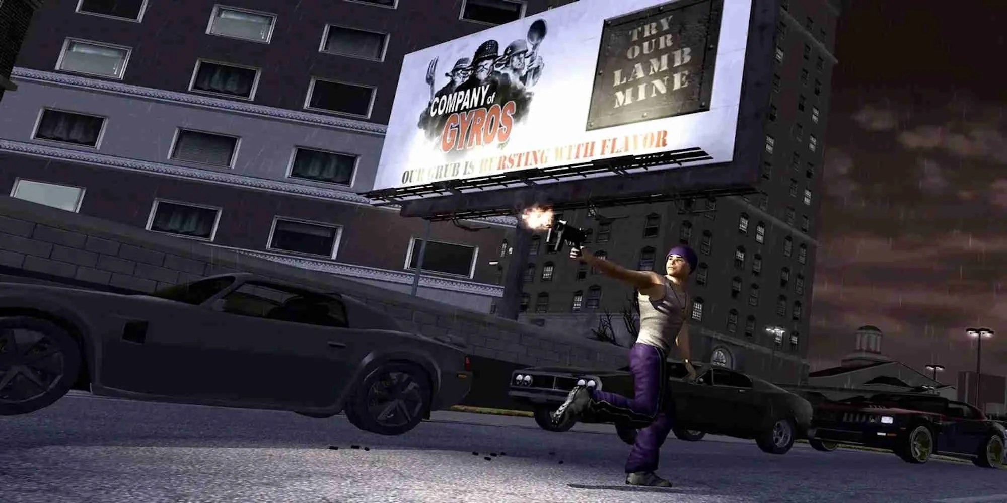Nhân vật chính trong Saints Row 2 với phong cách ngầu đời, sẵn sàng cho các cuộc chiến băng đảng và hoạt động tội phạm trong thành phố.