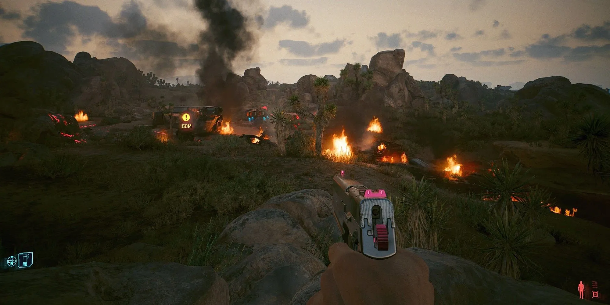 Nhân vật chính V trong Cyberpunk 2077 đang giao chiến ác liệt tại vùng Badlands