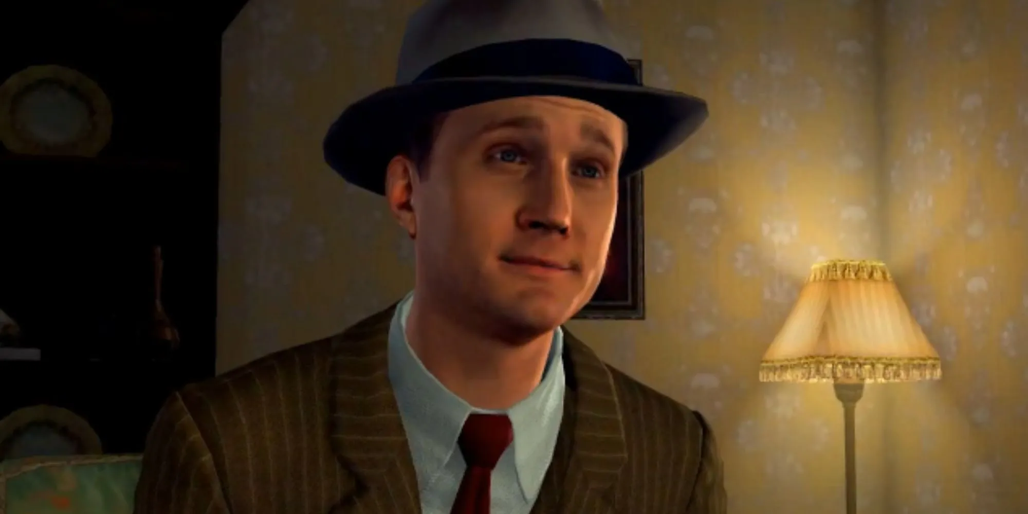 Nhân vật Cole Phelps trong L.A. Noire với biểu cảm nghi ngờ đặc trưng khi thẩm vấn