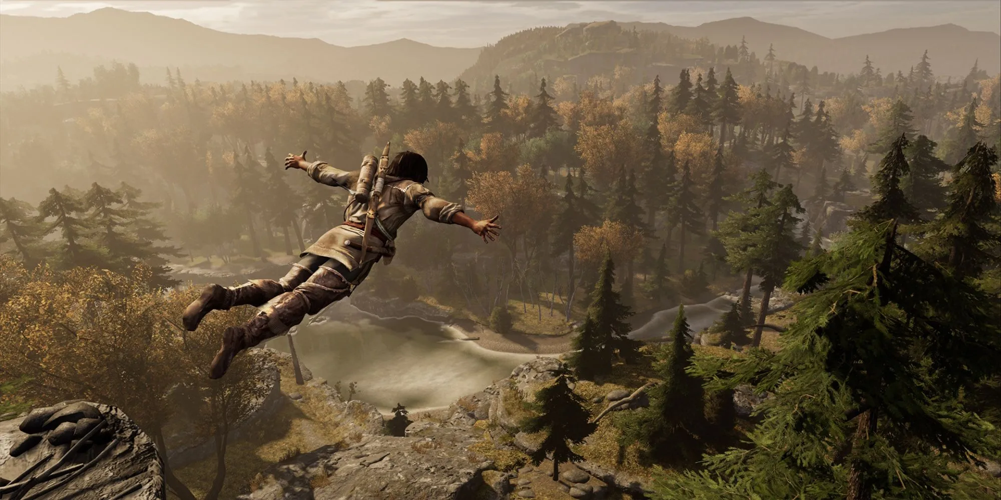 Nhân vật Connor Kenway trong Assassin's Creed 3 thực hiện pha ám sát từ trên cao trong một khung cảnh mùa đông