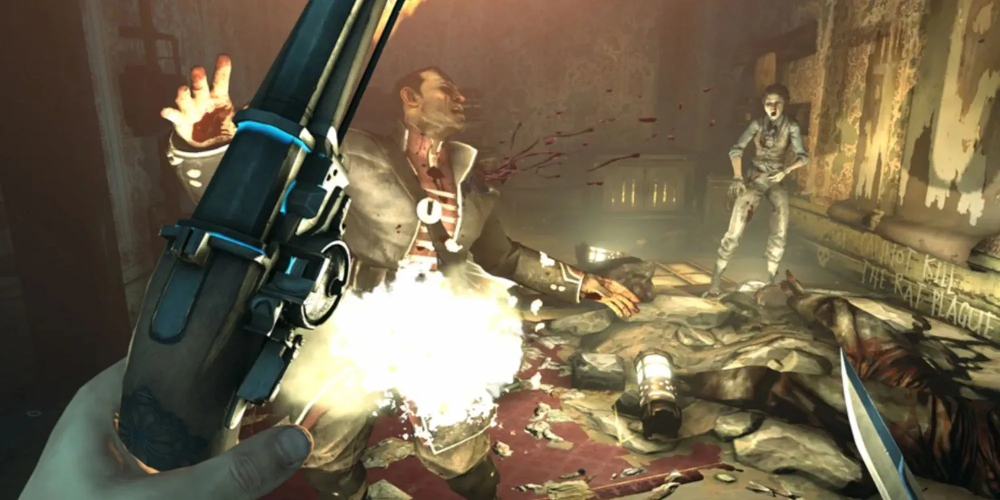 Nhân vật Corvo Attano nhìn xuống thành phố Dunwall trong game Dishonored