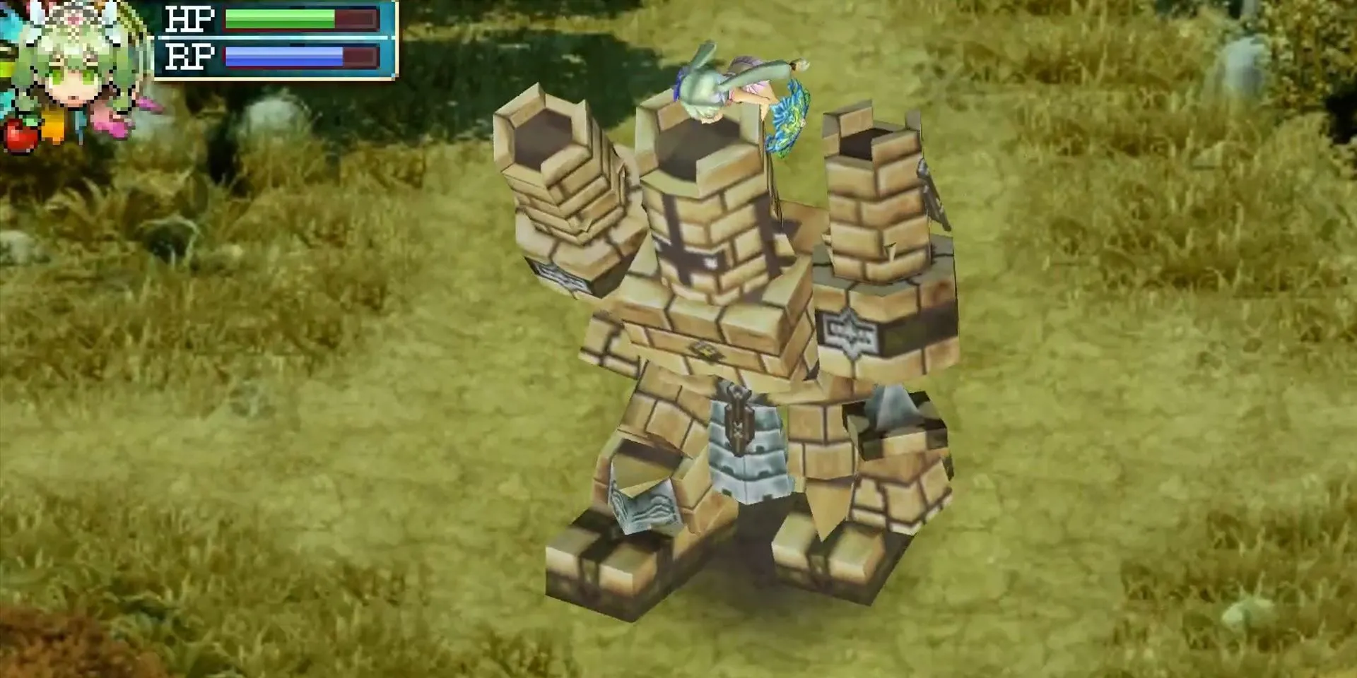 Nhân vật cưỡi một Golem khổng lồ làm thú cưỡi trong Rune Factory 4