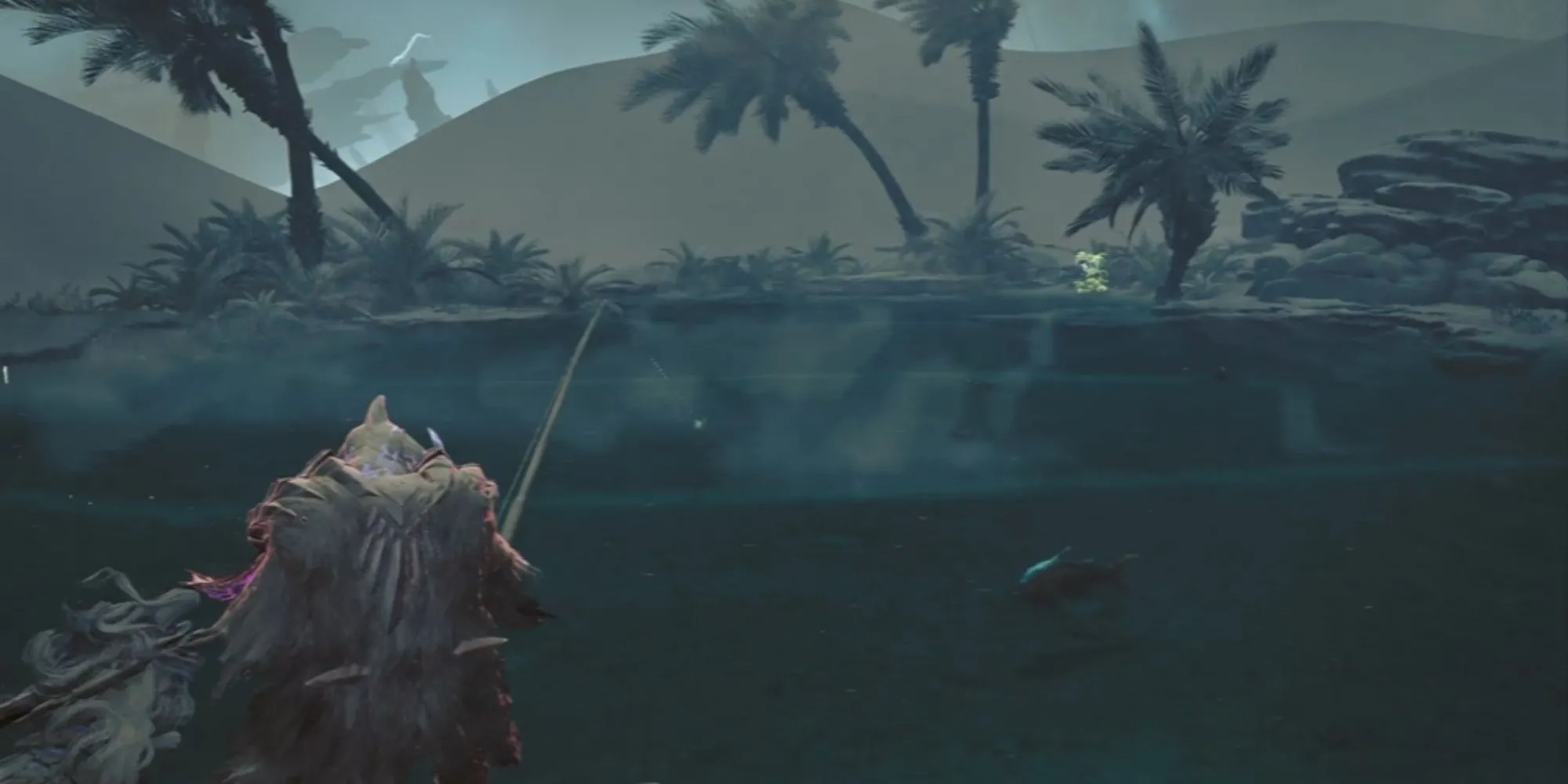 Nhân vật đang thực hiện hành động câu cá trong Monster Hunter Wilds