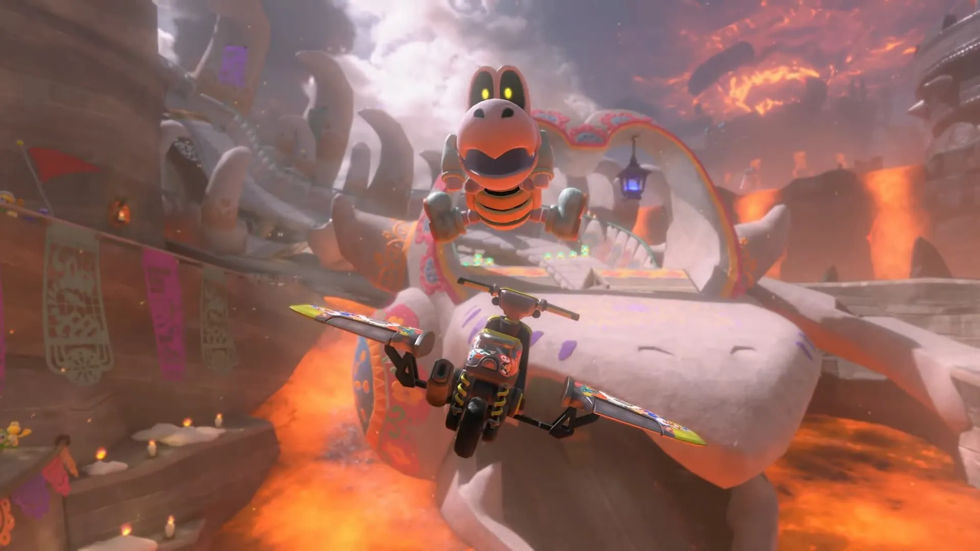 Nhân vật Dry Bones thực hiện cú nhảy trong gameplay Mario Kart World, thể hiện đồ họa và chuyển động