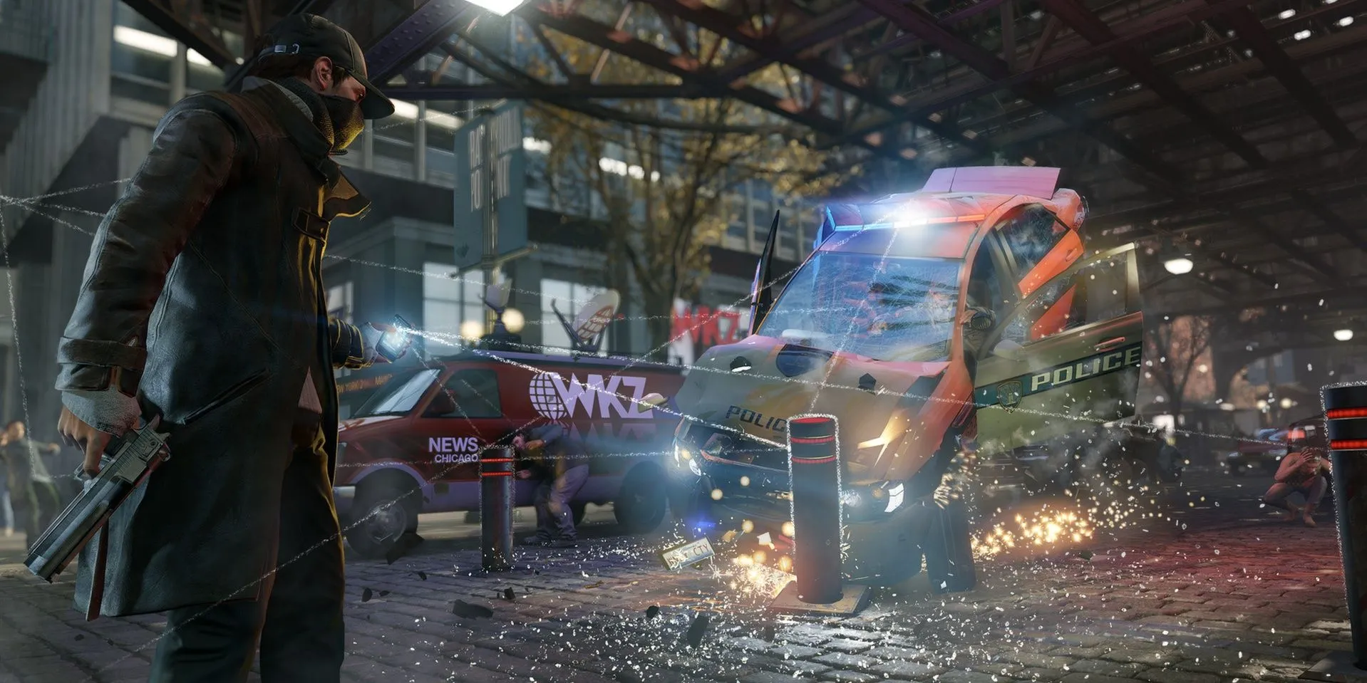 Nhân vật dùng khả năng hack để dựng rào chắn, ngăn cản xe cảnh sát trong Watch Dogs