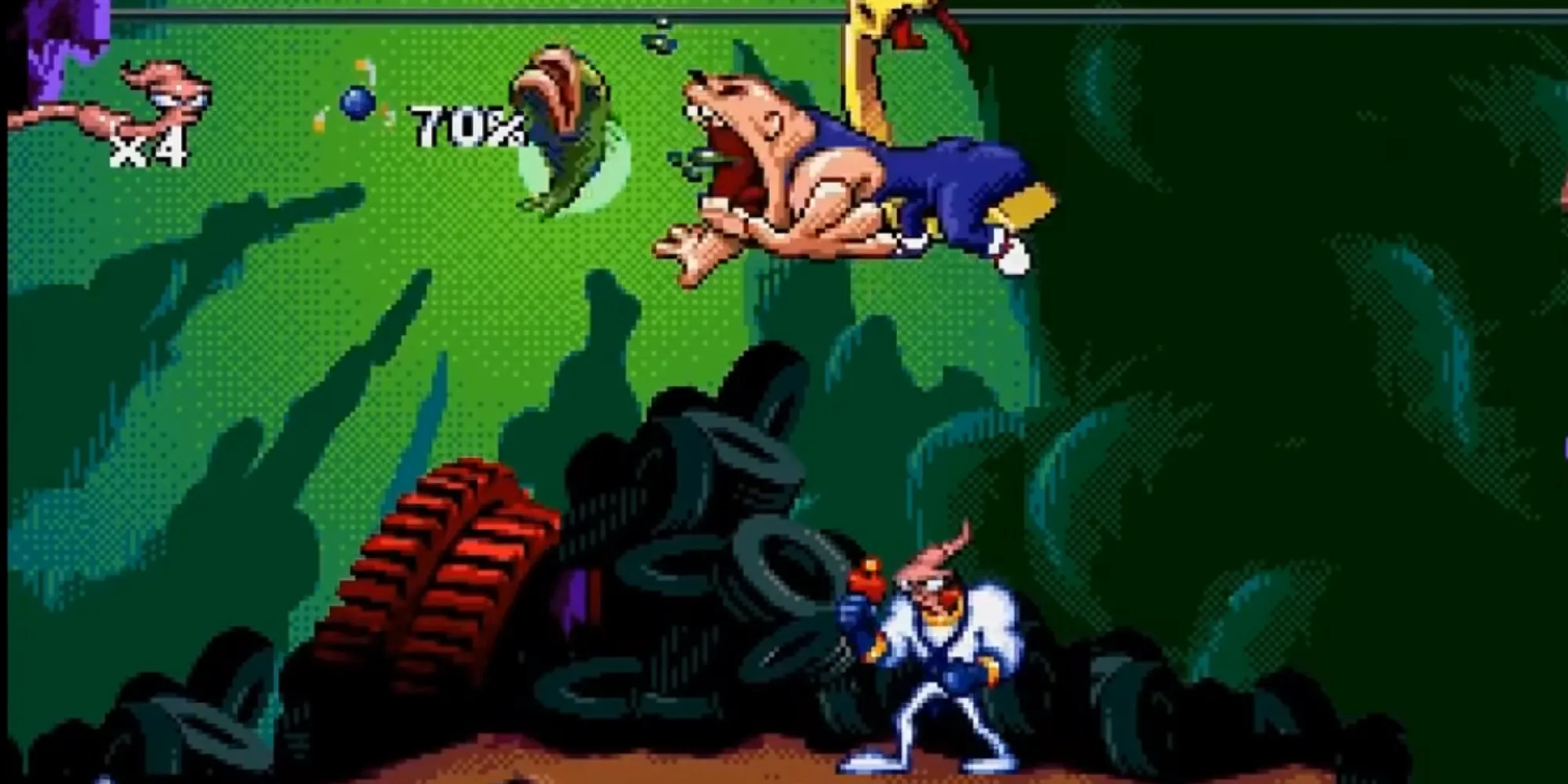 Nhân vật Earthworm Jim cầm súng với biểu cảm hài hước