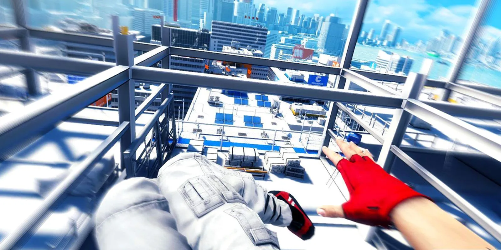 Nhân vật Faith đang thực hiện động tác parkour trong Mirror's Edge