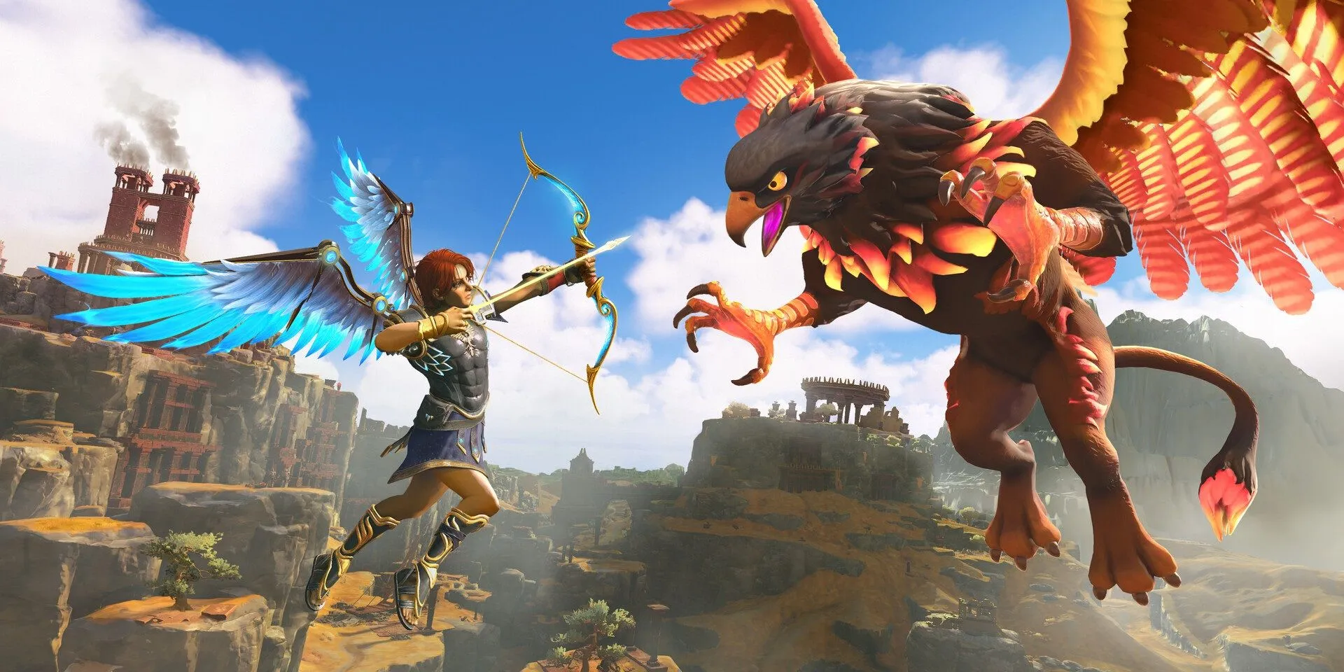 Nhân vật Fenyx bay lượn trong thế giới mở đầy màu sắc của Immortals Fenyx Rising