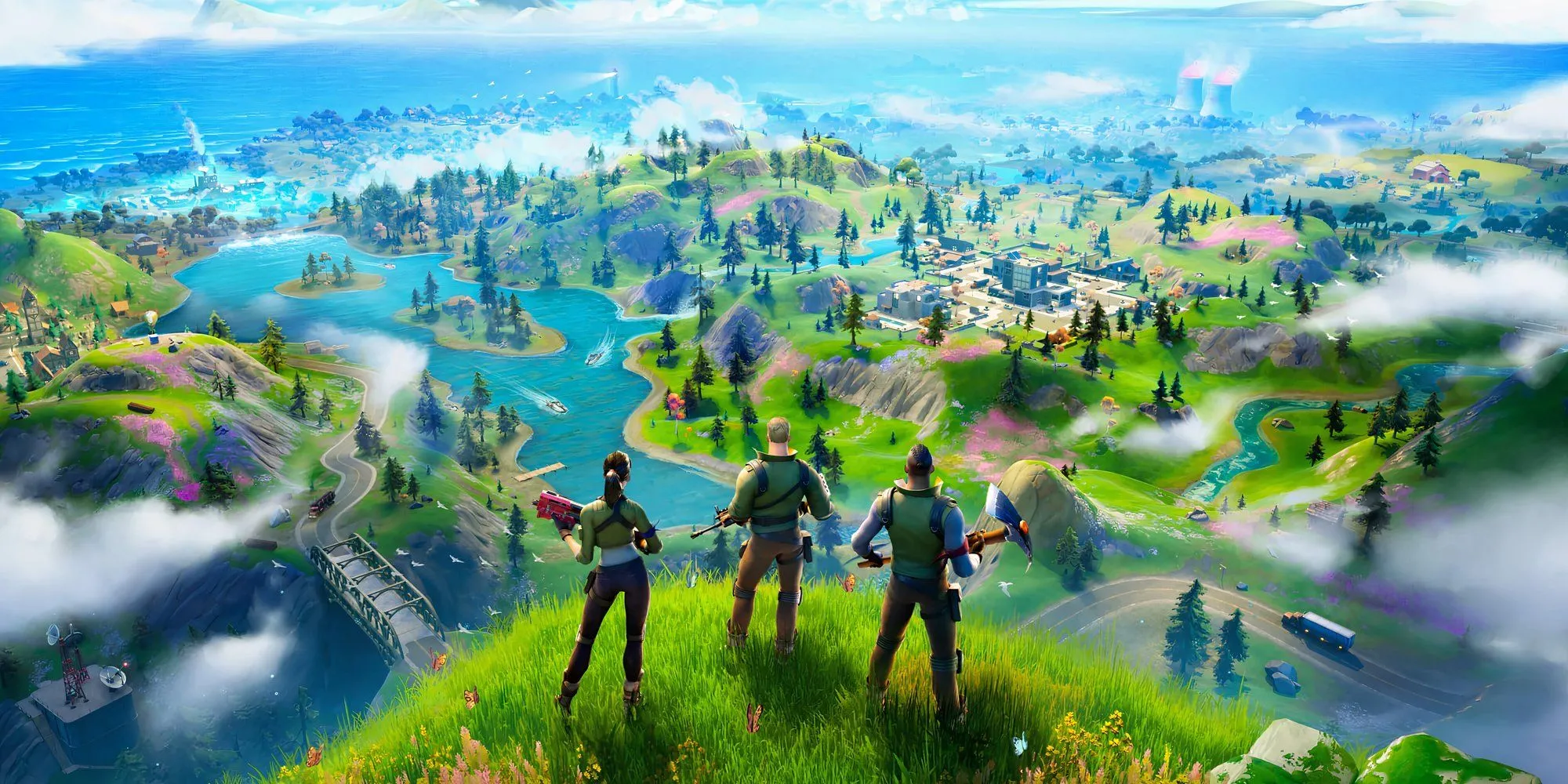 Nhân vật Fortnite đứng trên công trình xây dựng phức tạp nhìn ra hòn đảo