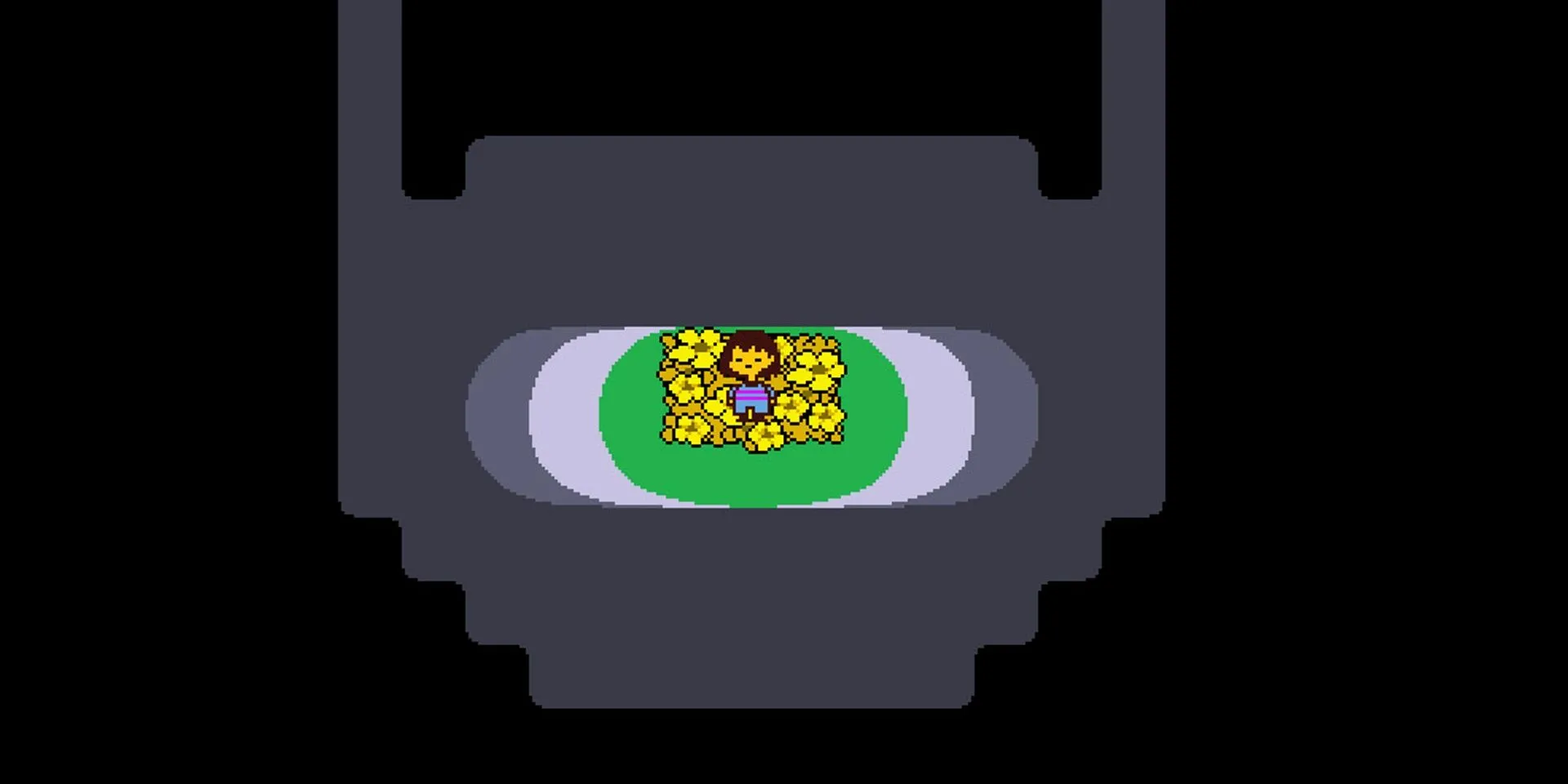 Nhân vật Frisk đứng trên một đống hoa vàng trong thế giới pixel của Undertale