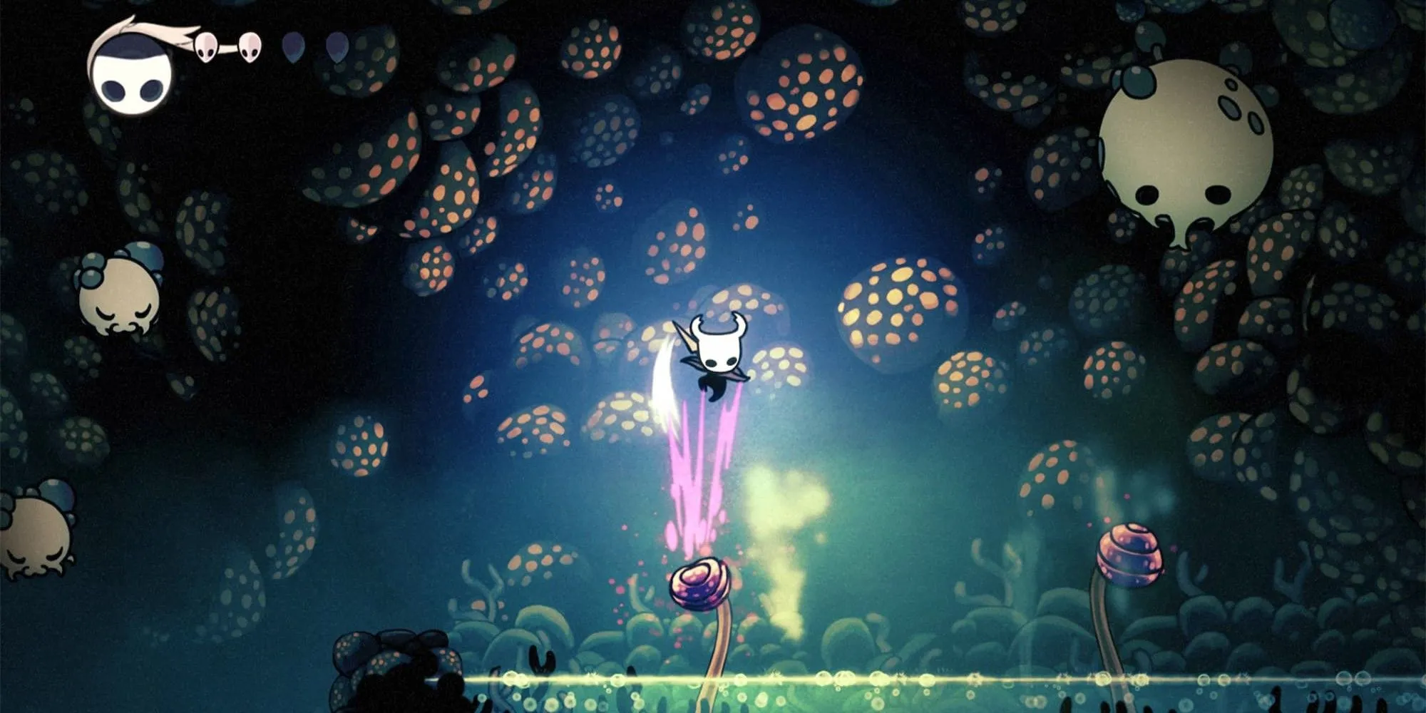 Nhân vật hiệp sĩ nhỏ bé trong Hollow Knight nhảy trên một cái cây