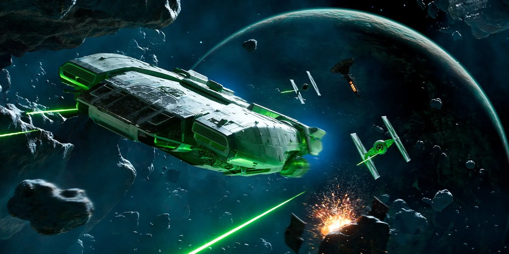 Nhân vật Kay Vess trong Star Wars Outlaws điều khiển phi thuyền Trailblazer giữa trận không chiến ngoài vũ trụ