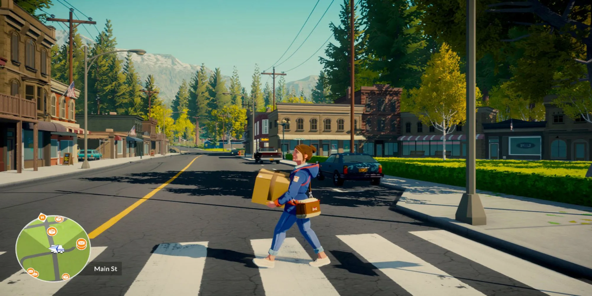Nhân vật Meredith Weiss xách các gói hàng đi qua vạch sang đường trong game Lake