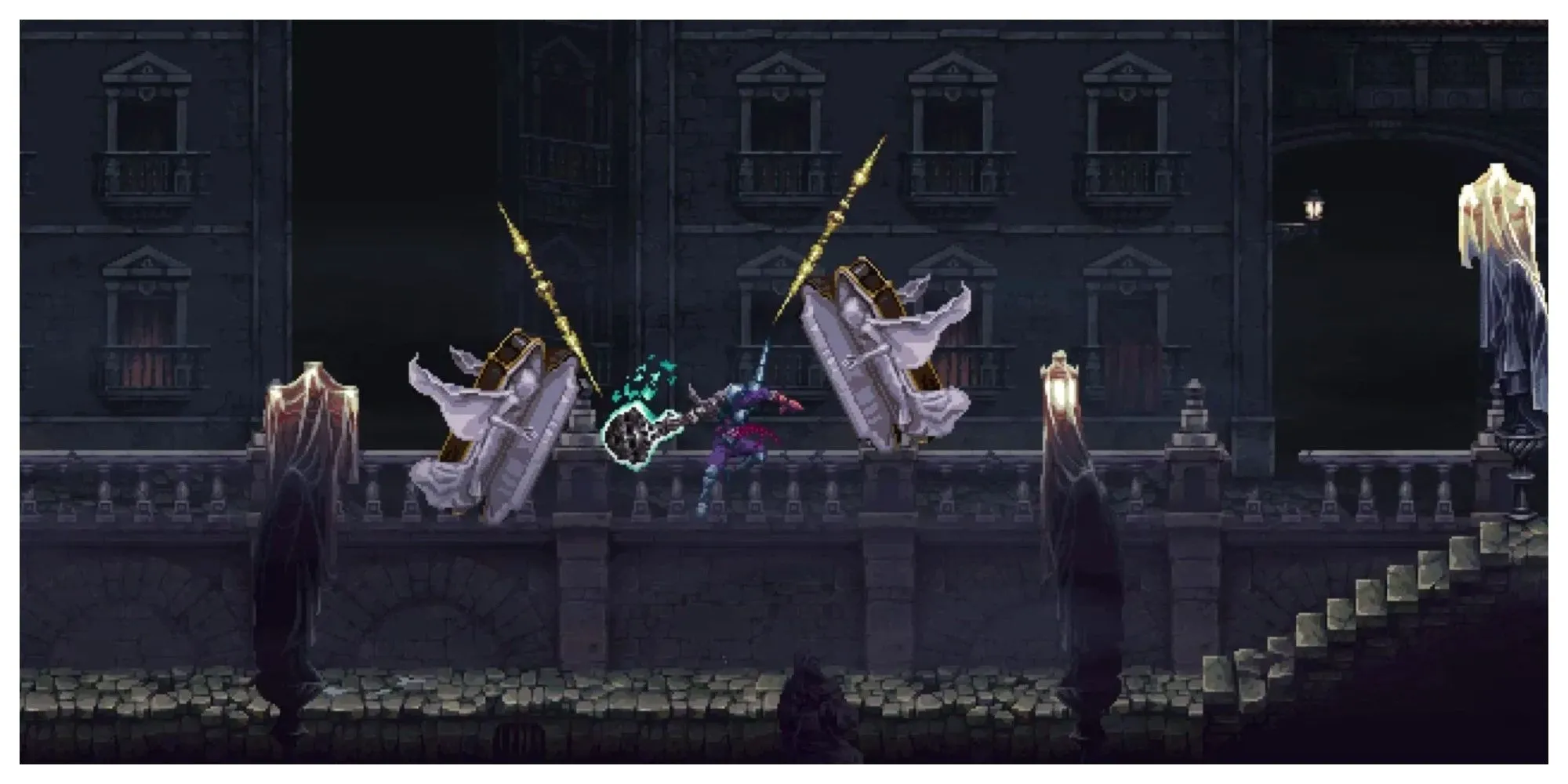 Nhân vật Penitent One đối mặt với quái vật khổng lồ trong Blasphemous 2, đồ họa pixel art đậm chất Gothic kinh dị
