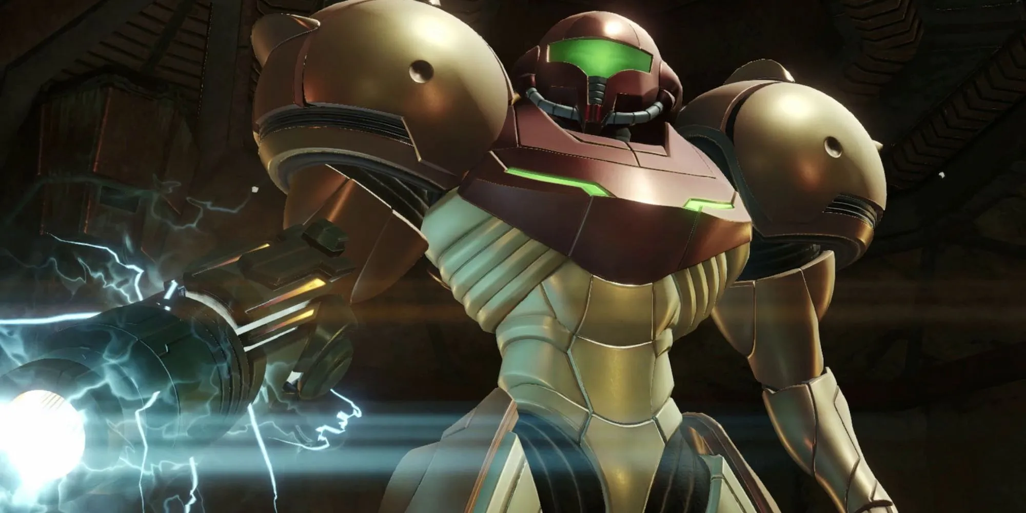 Nhân vật Samus Aran trong bộ đồ chiến đấu trong game Metroid Prime Remastered.