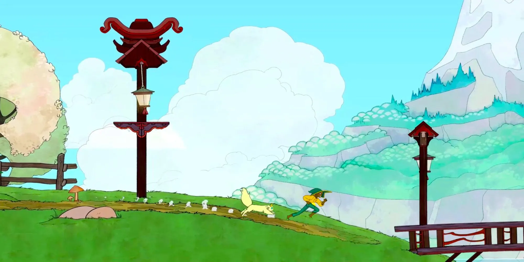 Nhân vật Stella và chú mèo Daffodil chạy trên một ngọn đồi xanh trong game Spiritfarer