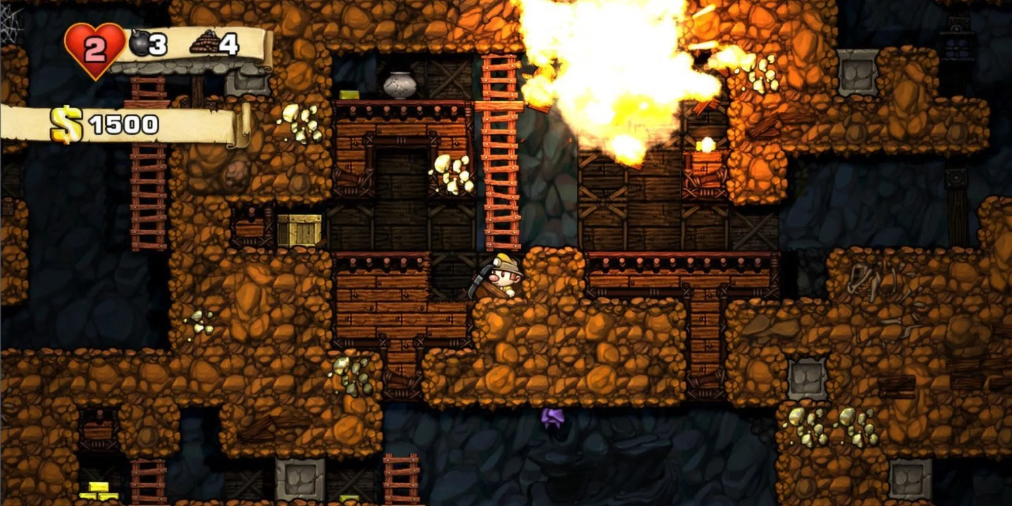 Nhân vật thám hiểm trong Spelunky đối mặt với cạm bẫy trong hầm mỏ, đòi hỏi tốc độ và sự cẩn trọng