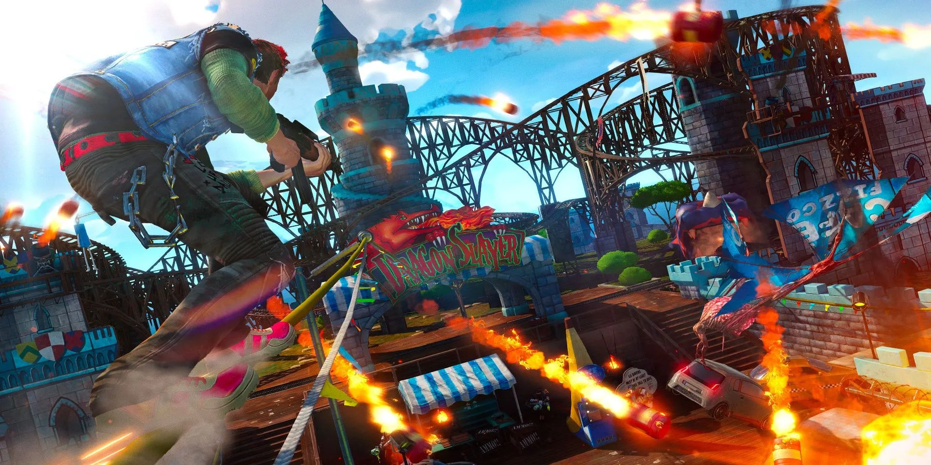 Nhân vật thực hiện động tác mài đường ray đặc trưng trong game Sunset Overdrive đầy màu sắc