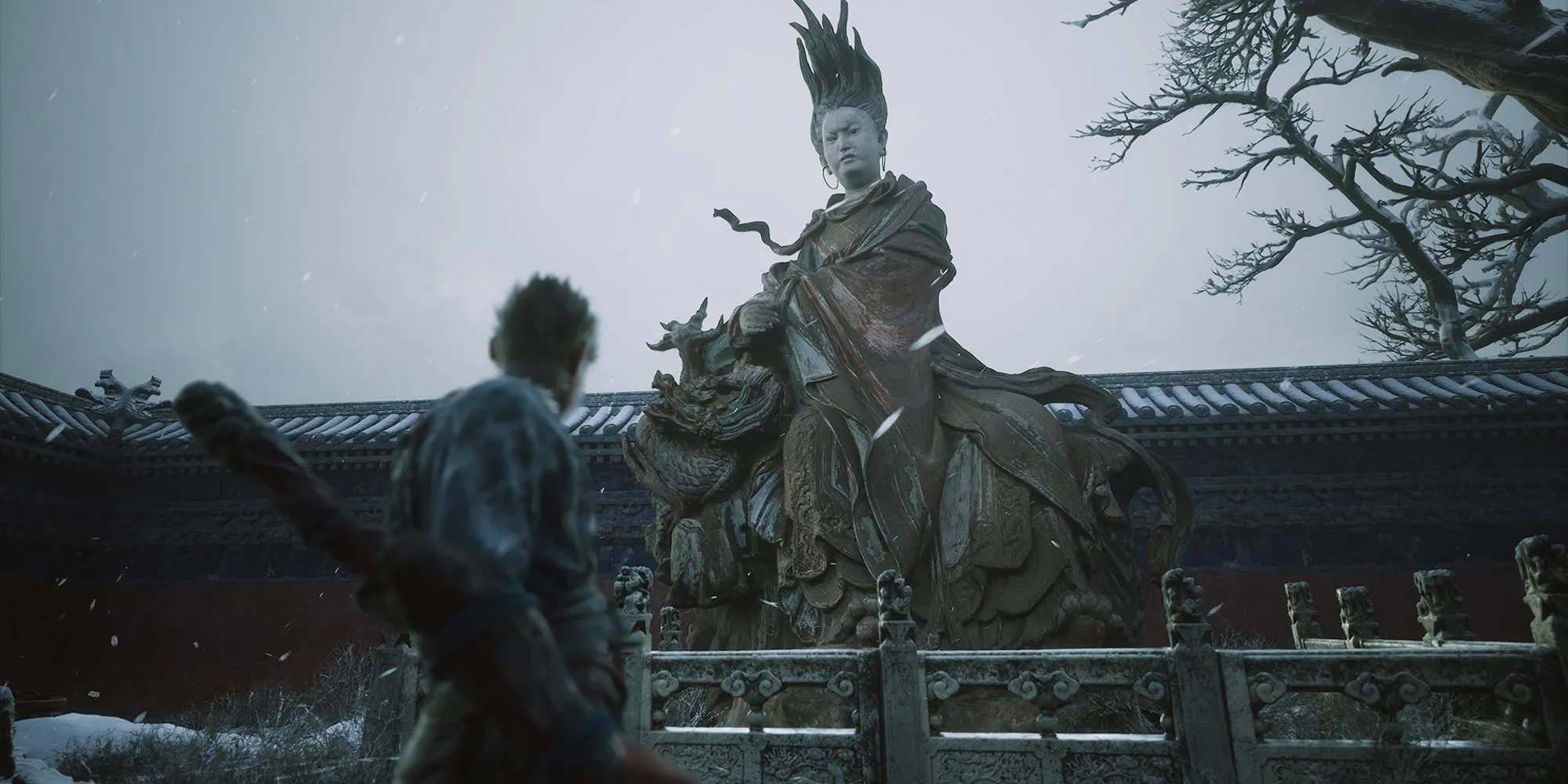Nhân vật Tôn Ngộ Không trong Black Myth Wukong và bức tượng lớn